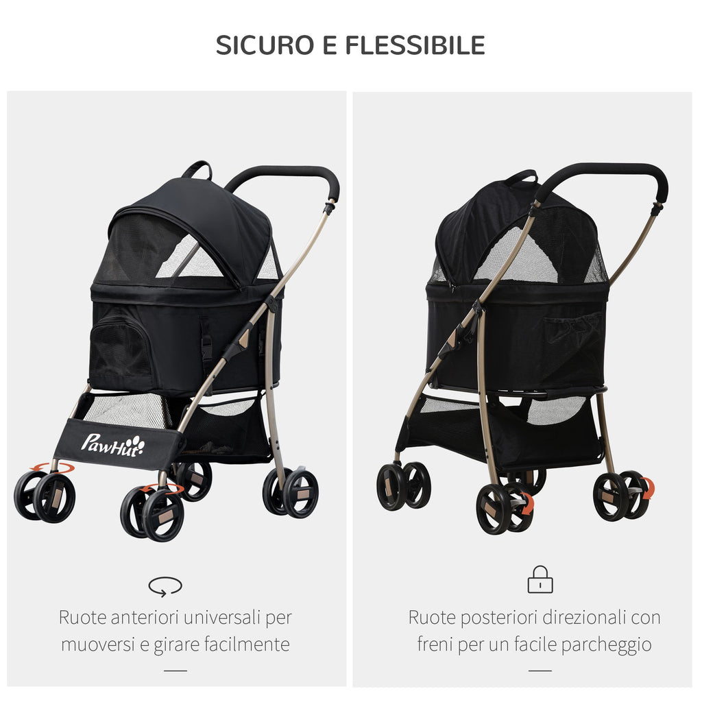 EASYCOMFORT Foldable Dog Stroller with Removable Carrier and Canopy, 82x49.5x98cm, Black
