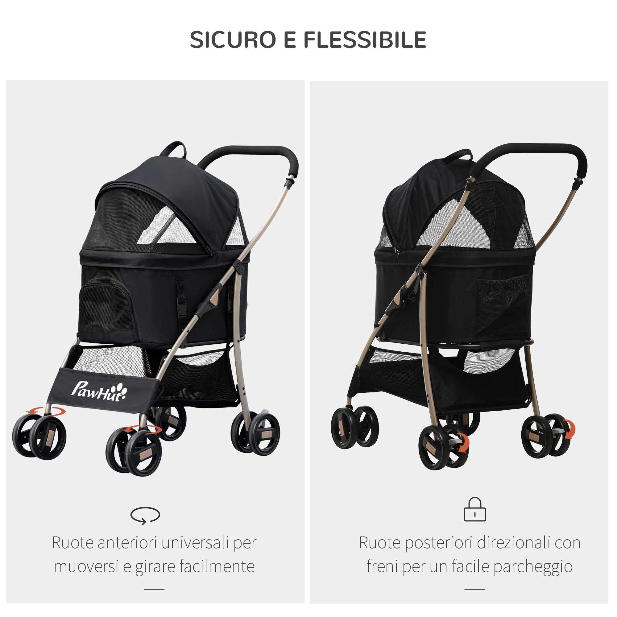 EASYCOMFORT Foldable Dog Stroller with Removable Carrier and Canopy, 82x49.5x98cm, Black