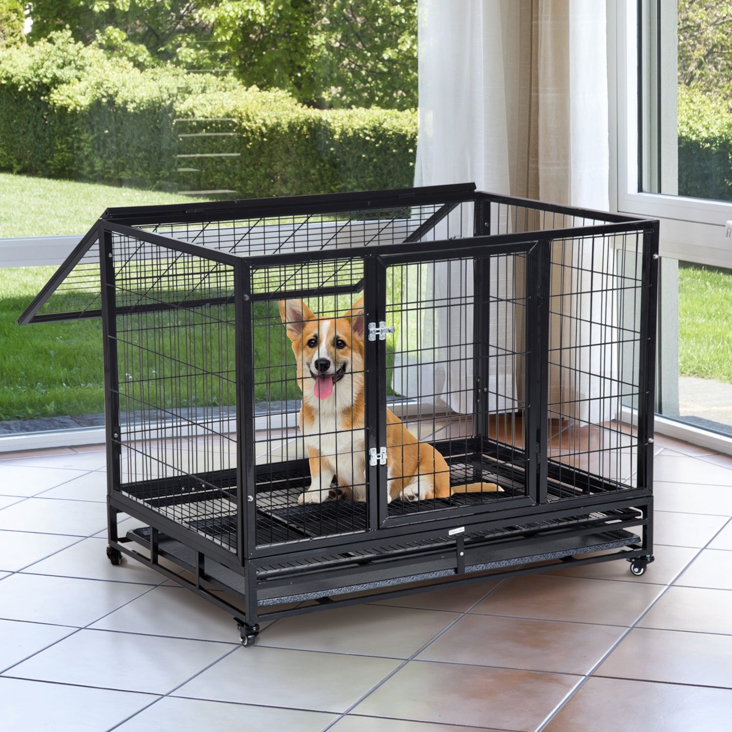 EASYCOMFORT Indoor Outdoor Cage Playpen for Dogs Puppies with Wheels 92×62×75cm