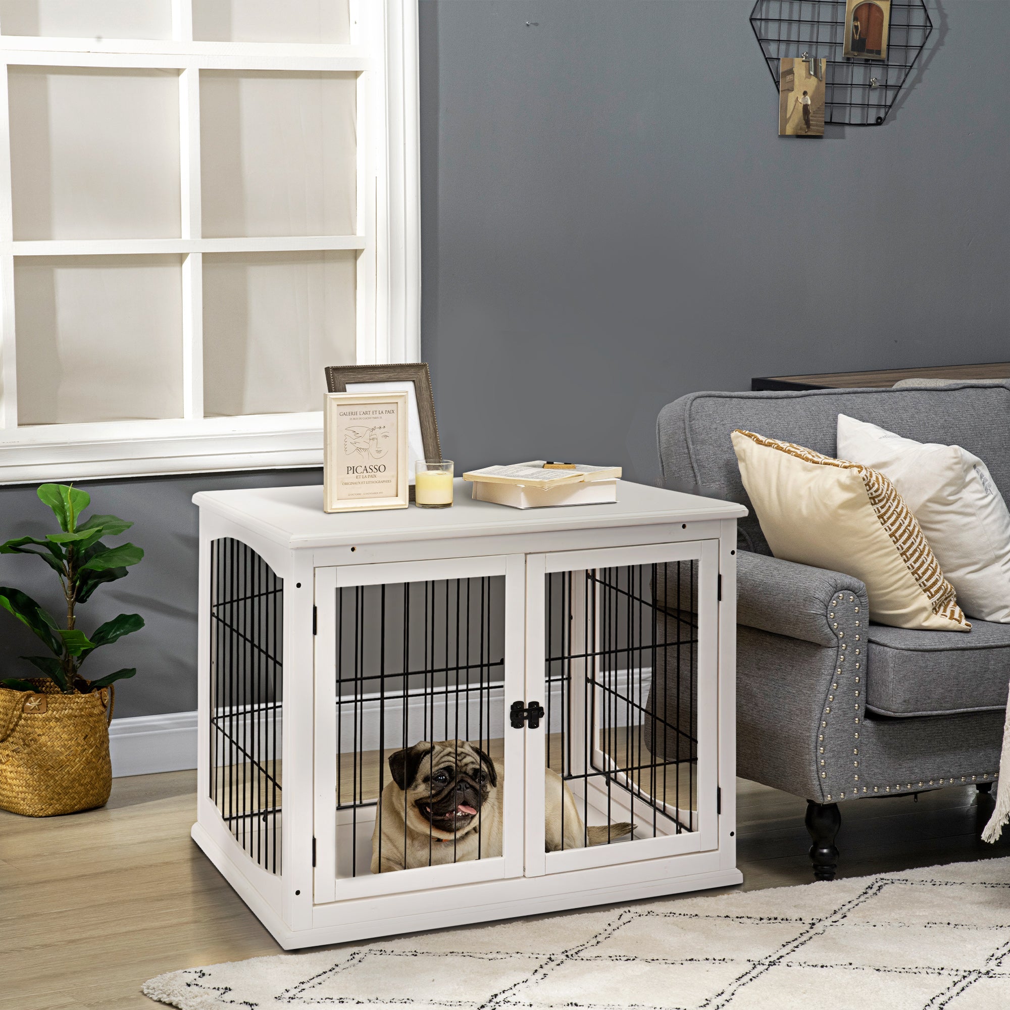 EASYCOMFORT Indoor Dog House for Dogs up to 30kg in Wood and Steel, 58.5x81x 66cm - White