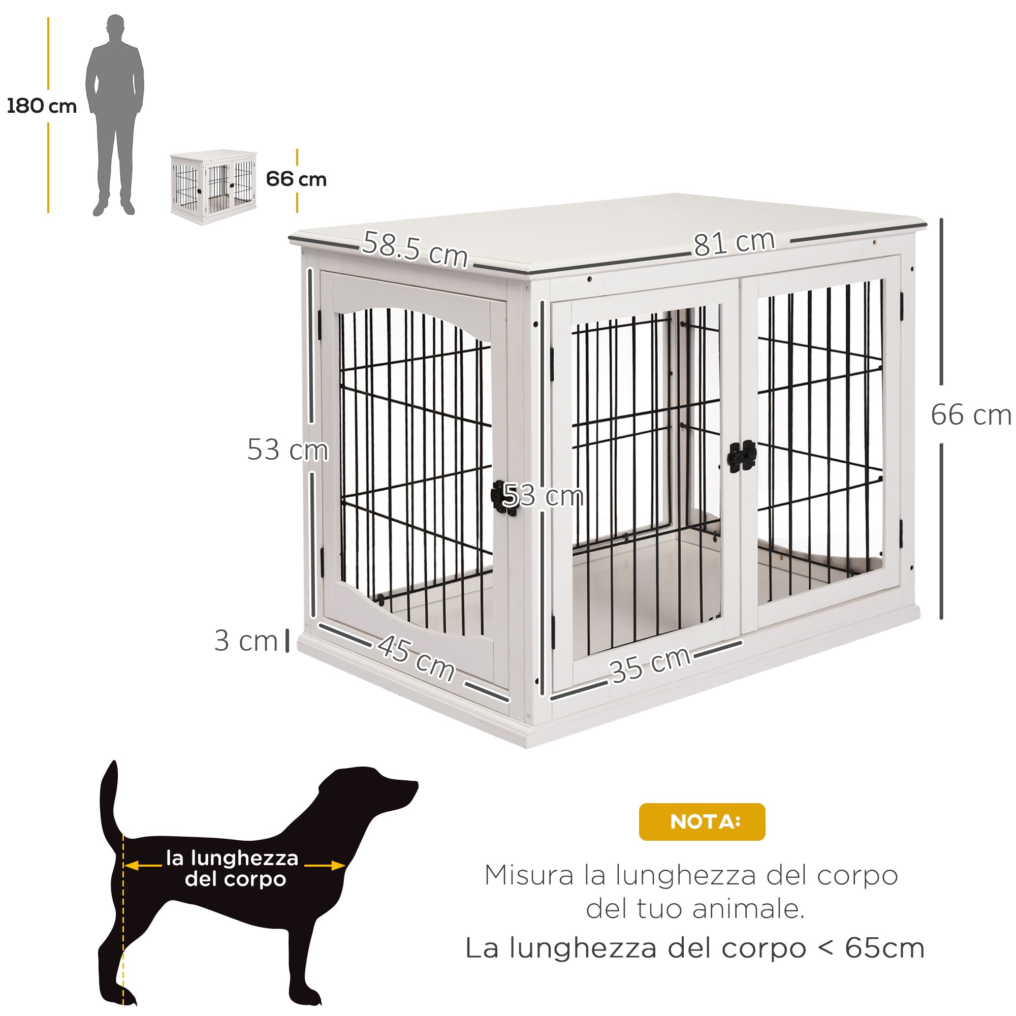 EASYCOMFORT Indoor Dog House for Dogs up to 30kg in Wood and Steel, 58.5x81x 66cm - White