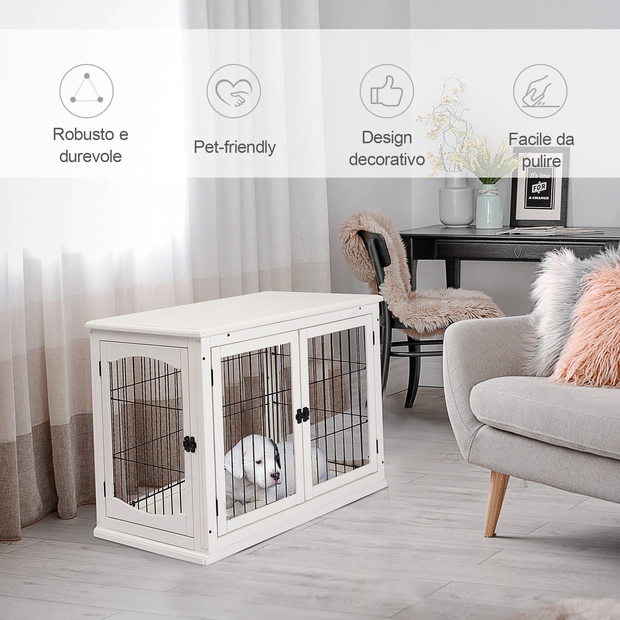 EASYCOMFORT Indoor Dog House for Dogs up to 30kg in Wood and Steel, 58.5x81x 66cm - White