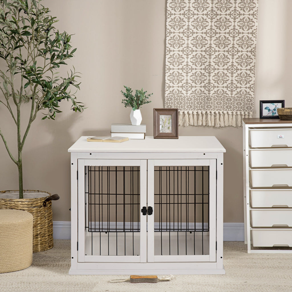 EASYCOMFORT Indoor Dog House for Dogs up to 30kg in Wood and Steel, 58.5x81x 66cm - White