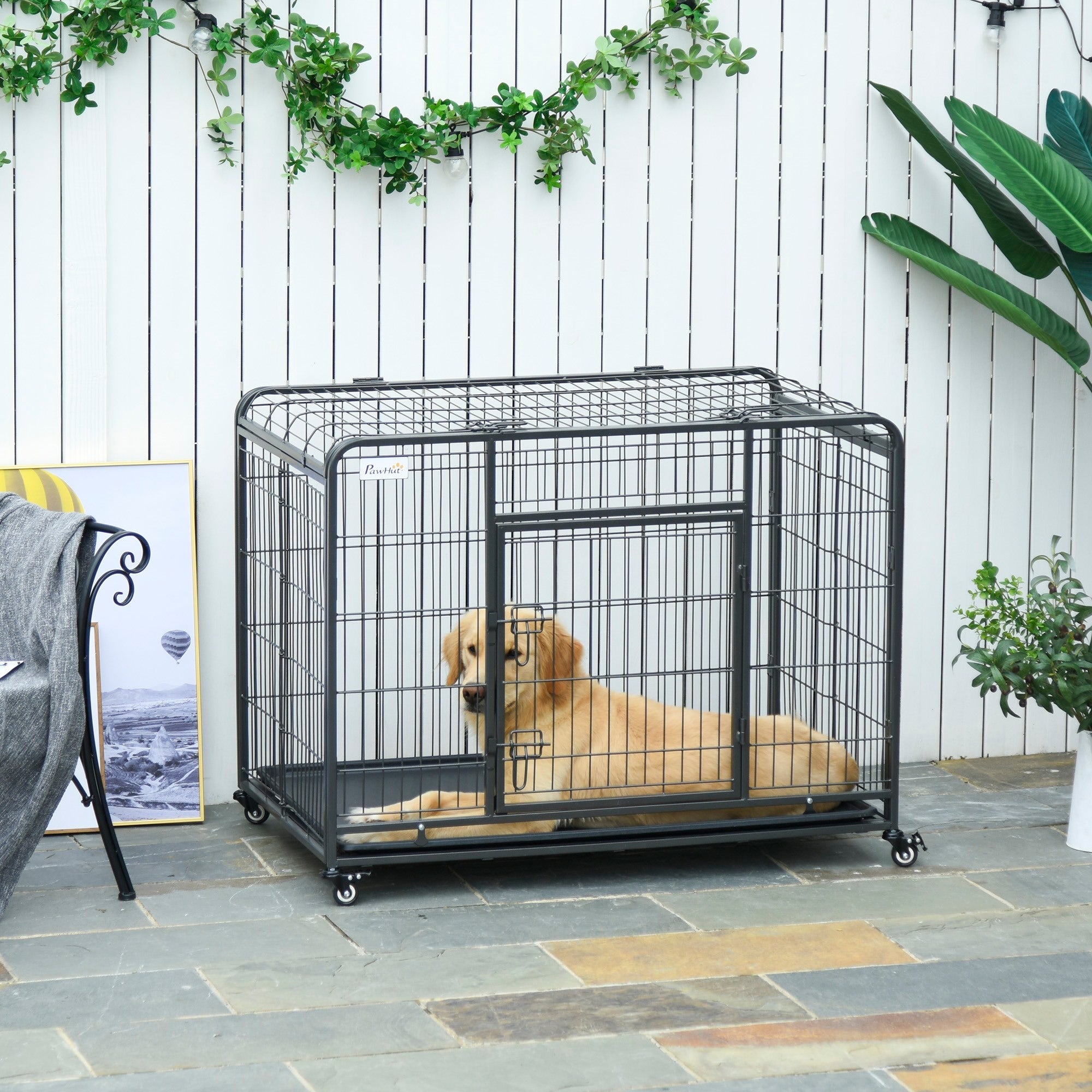 EASYCOMFORT Folding Dog Kennel Door with Lock 4 Wheels Removable Bottom