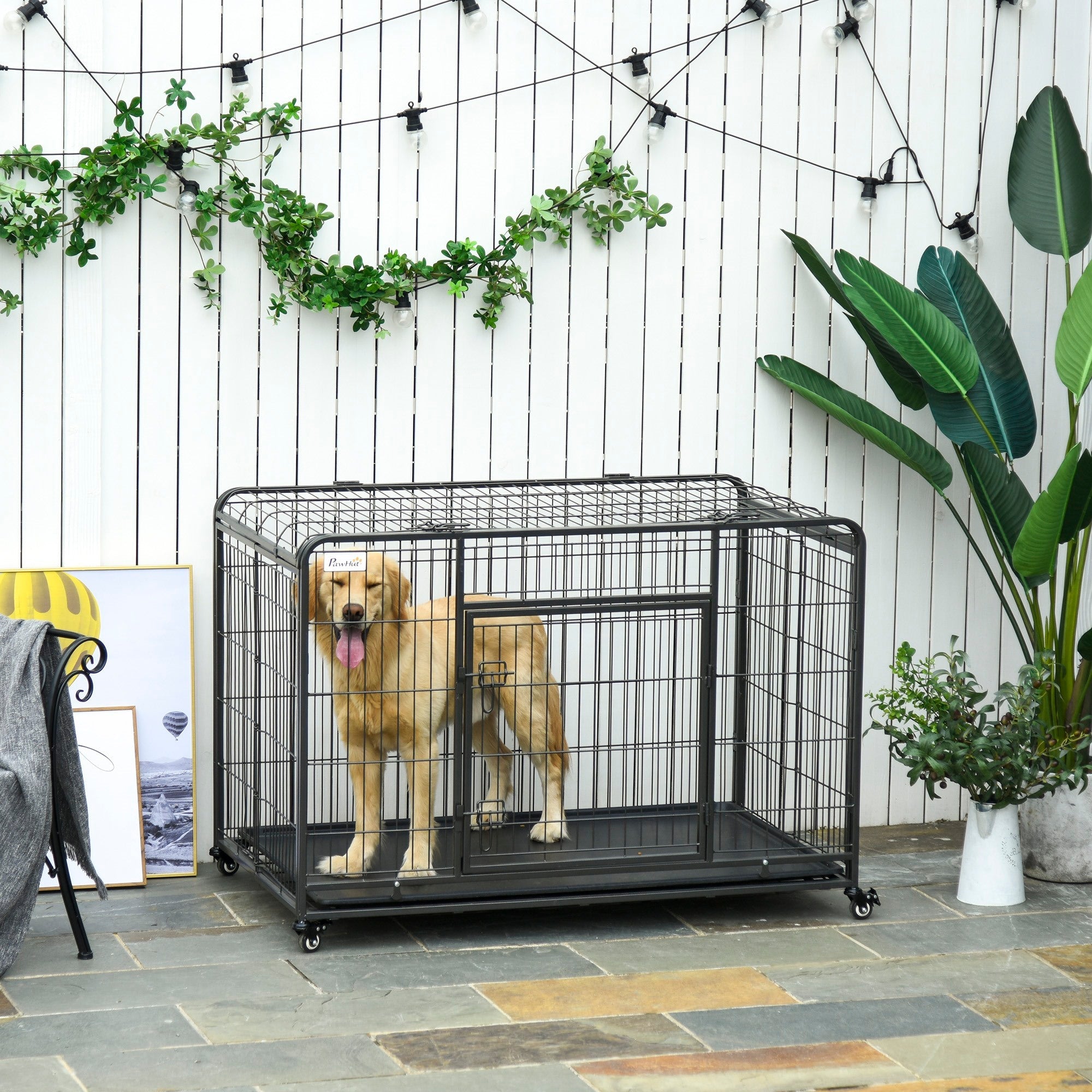 Easycomfort Kennel Gabbia per Cani Pieghevole Doppia Porta with Blocco 4 Ruote with Freno e Fondo Rimovibile, 125x76x81cm
