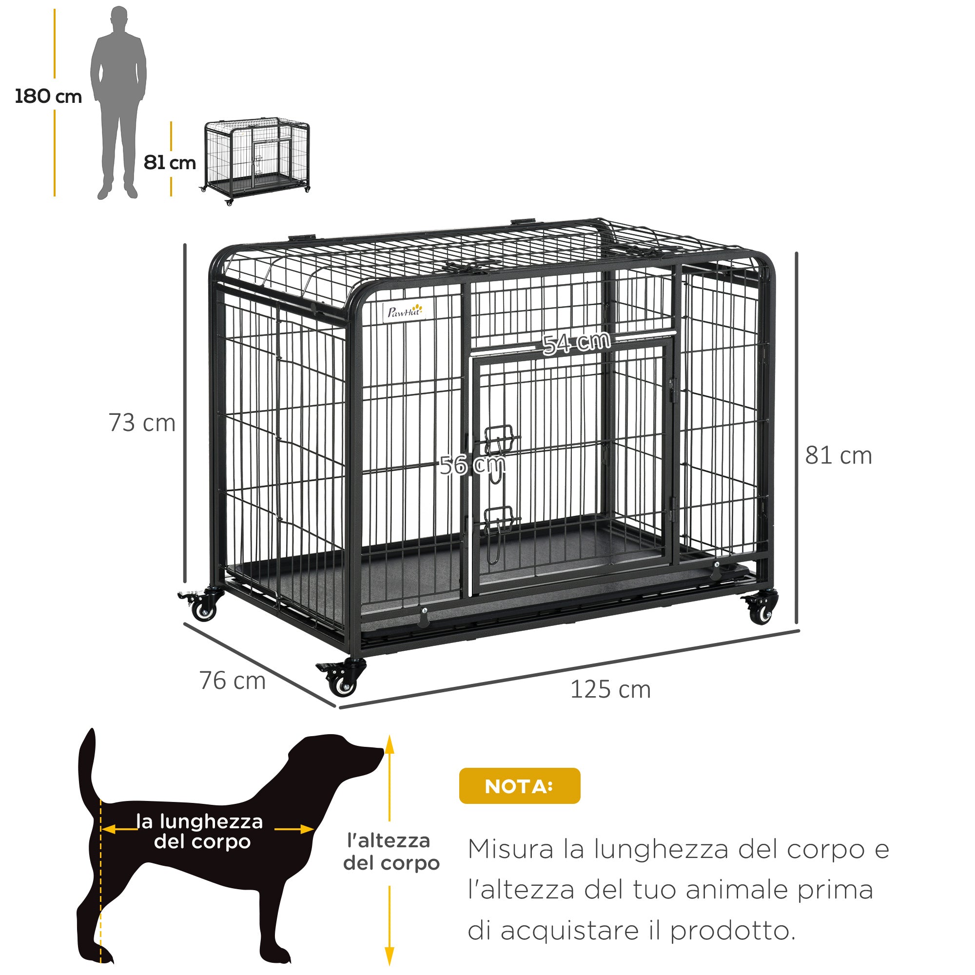 Easycomfort Kennel Gabbia per Cani Pieghevole Doppia Porta with Blocco 4 Ruote with Freno e Fondo Rimovibile, 125x76x81cm