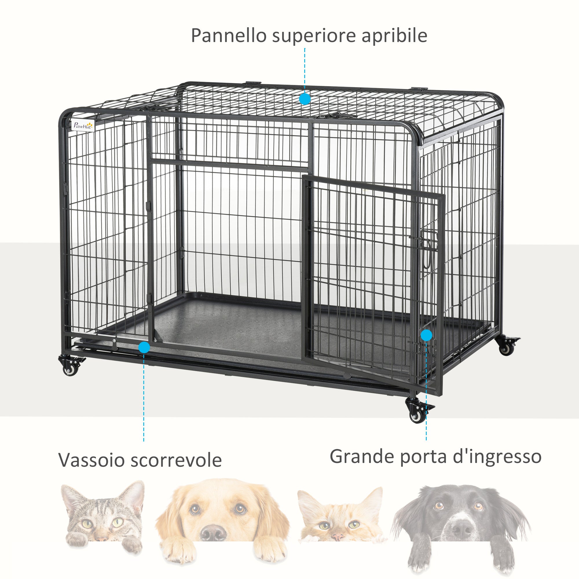 Easycomfort Kennel Gabbia per Cani Pieghevole Doppia Porta with Blocco 4 Ruote with Freno e Fondo Rimovibile, 125x76x81cm