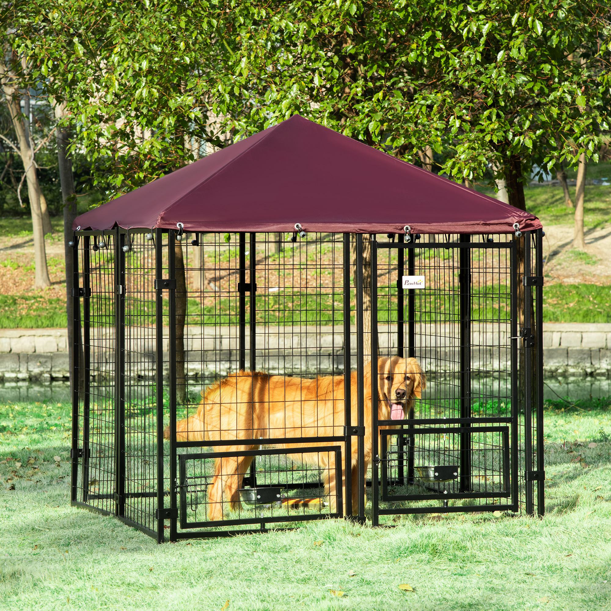 EasyComfort hondenren voor buiten met slot en 2 draaibare kommen (zwart/rood)