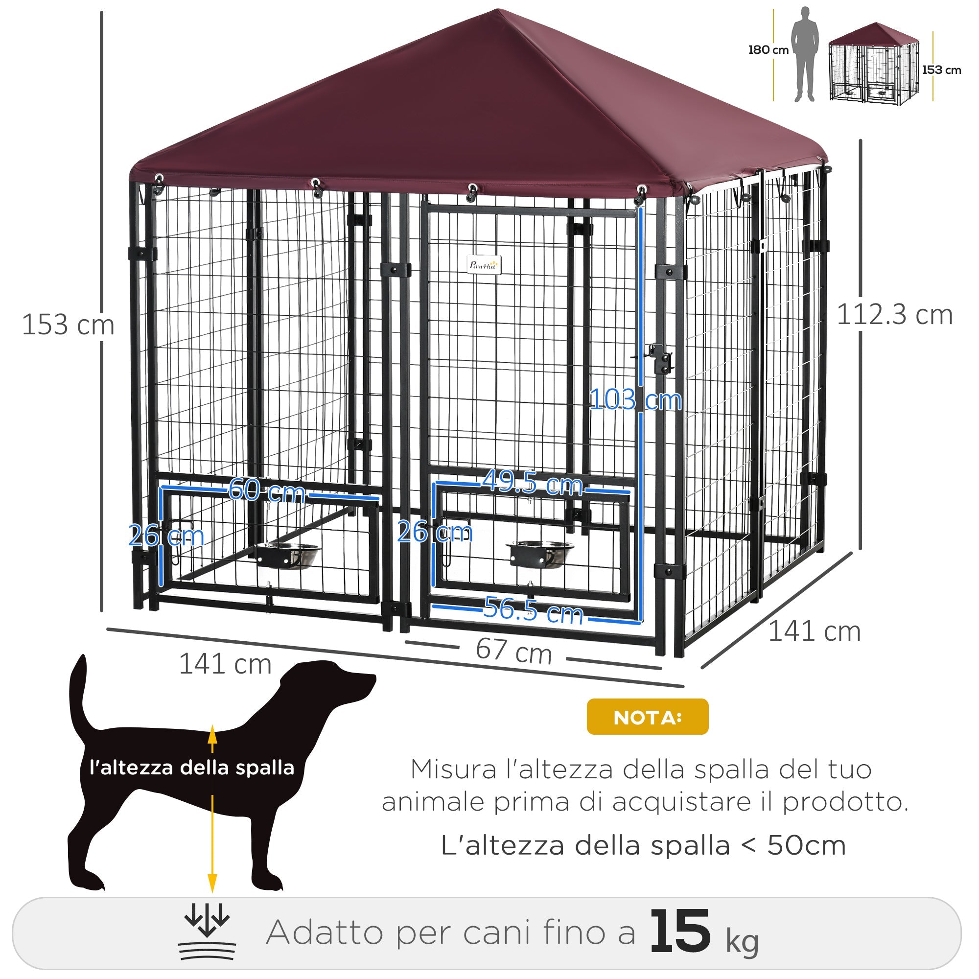 Easycomfort Recinto per Cani da Esterno with Serratura, 2 Ciotole Girevoli e Copertura Rimovibile, black e Rosso