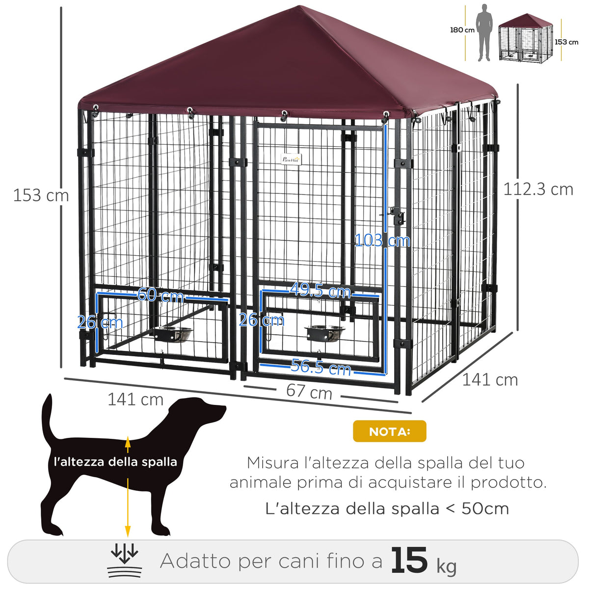 EasyComfort hondenren voor buiten met slot en 2 draaibare kommen (zwart/rood)