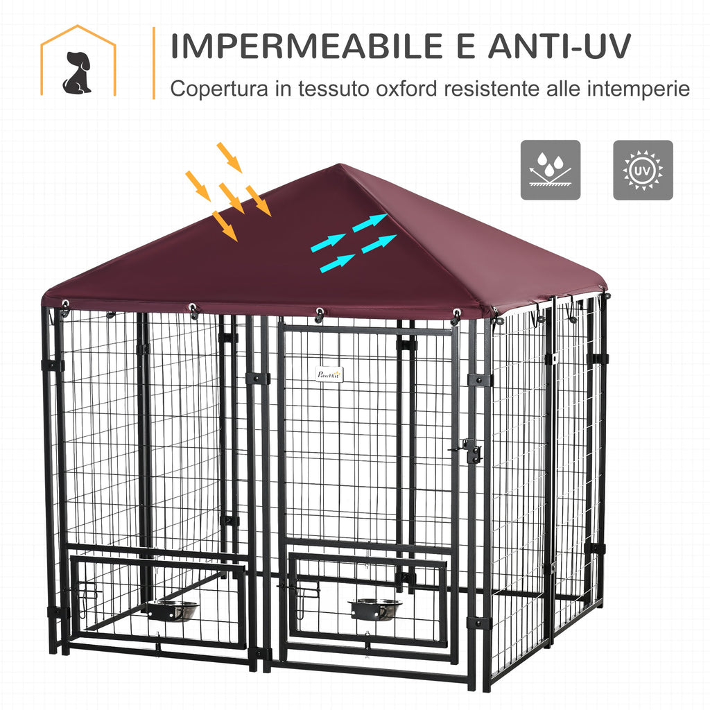 EasyComfort hondenren voor buiten met slot en 2 draaibare kommen (zwart/rood)