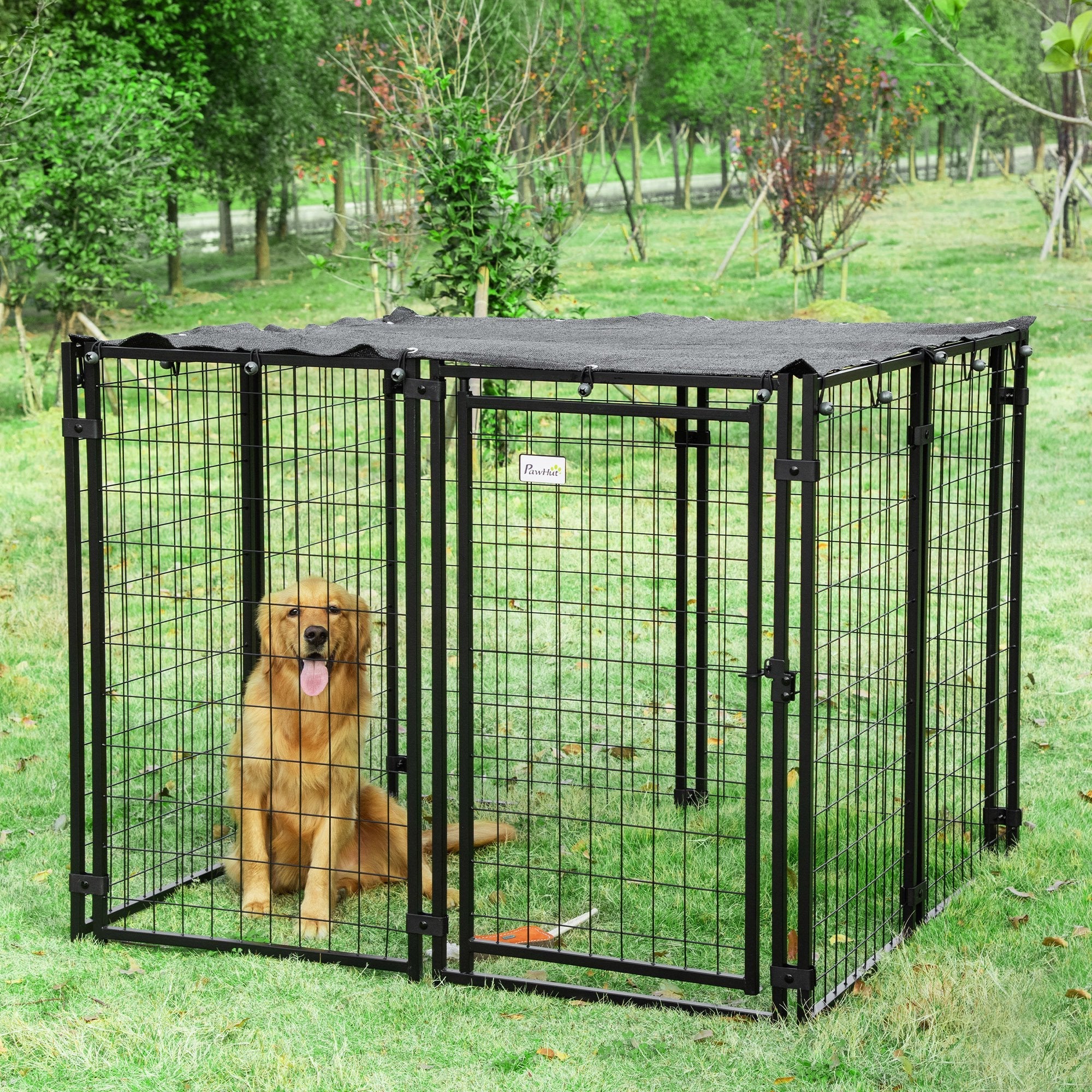 EASYCOMFORT Foldable Dog Run with Cover, 8 Panels with Lockable Door, 141x141x113cm, Black