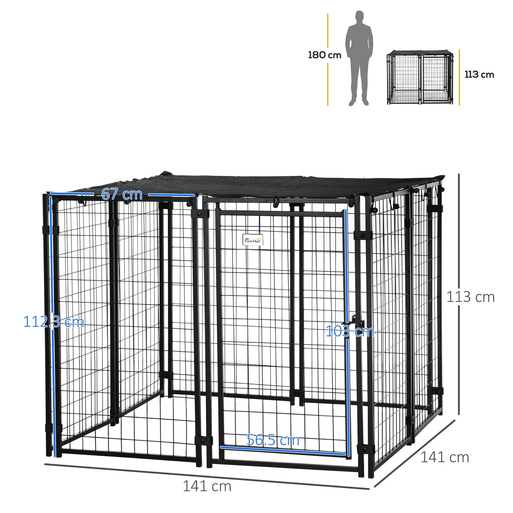 EASYCOMFORT Foldable Dog Run with Cover, 8 Panels with Lockable Door, 141x141x113cm, Black