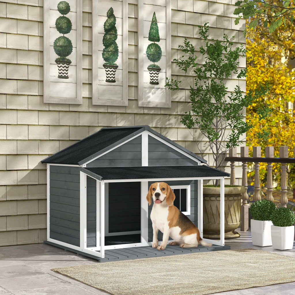 Easycomfort Cuccia per Cani da Esterno with Terrazza, Finestra e Tetto Impermeabile, 124x112x105cm, Grigio