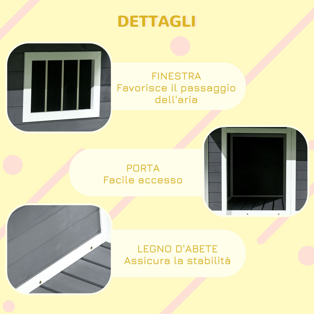 Easycomfort Cuccia per Cani da Esterno with Terrazza, Finestra e Tetto Impermeabile, 124x112x105cm, Grigio