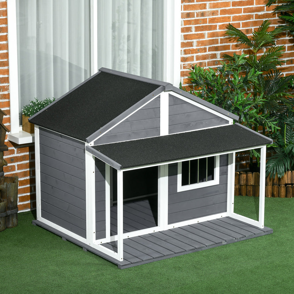 Easycomfort Cuccia per Cani da Esterno with Terrazza, Finestra e Tetto Impermeabile, 124x112x105cm, Grigio