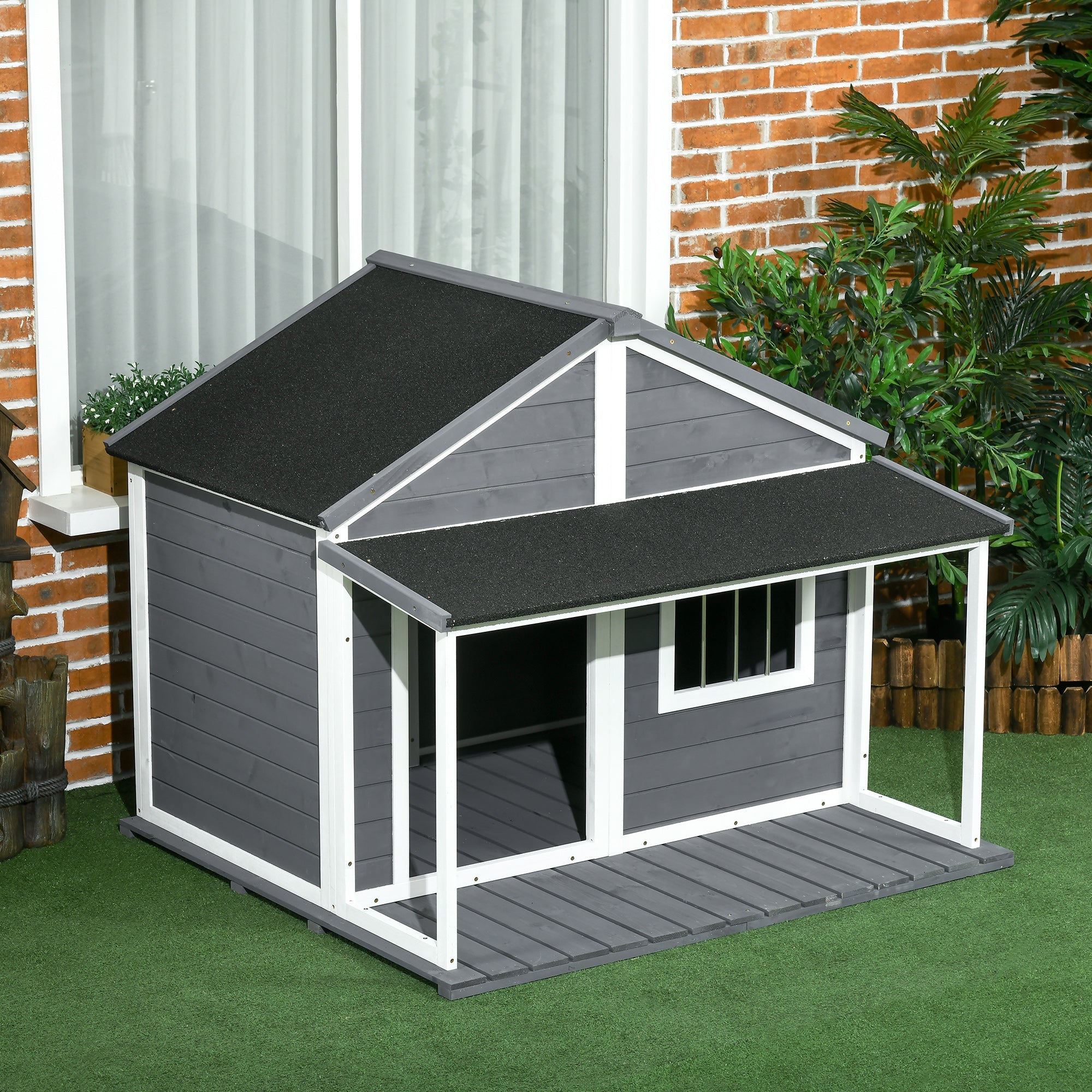 Easycomfort Cuccia per Cani da Esterno with Terrazza, Finestra e Tetto Impermeabile, 124x112x105cm, Grigio