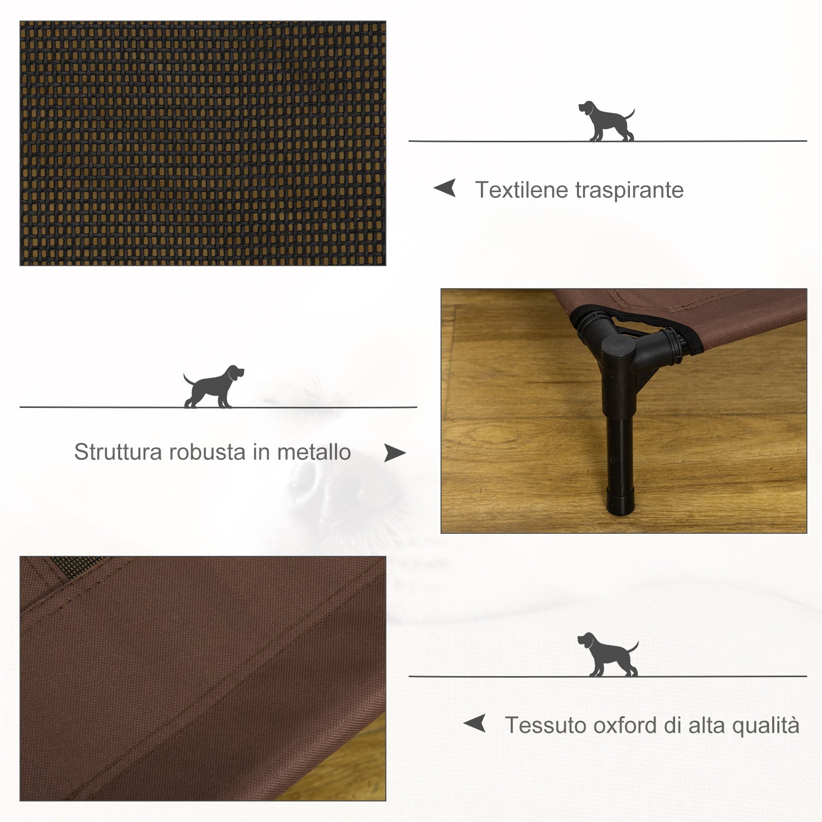 EASYCOMFORT Dog Bed in Metal and Breathable Oxford Fabric, 92x76x18cm Brown and Black
