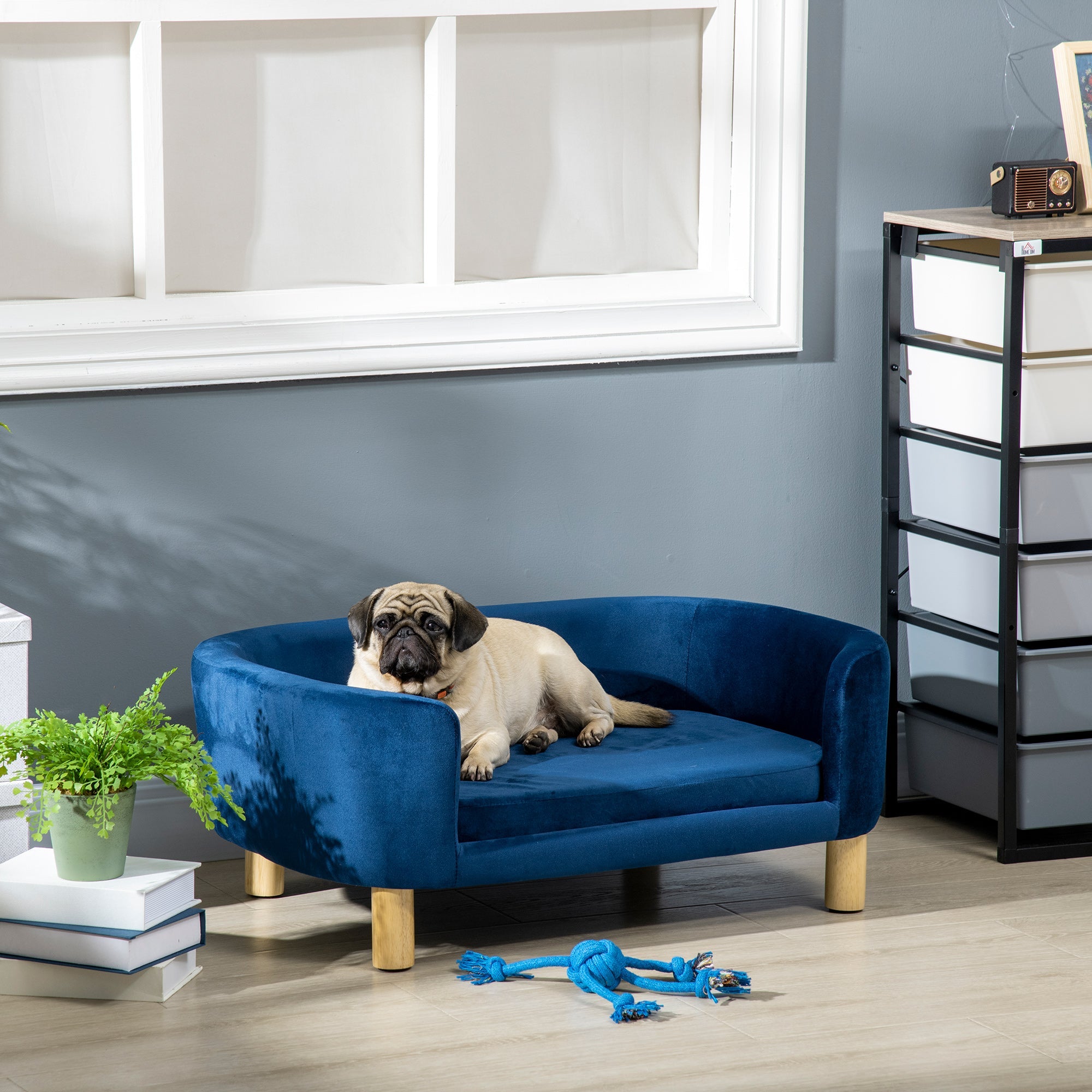EASYCOMFORT Indoor Dog Kennel, Sofa for Cats or Small and Medium Size Dogs Max. 22.5kg, in Blue Velvet