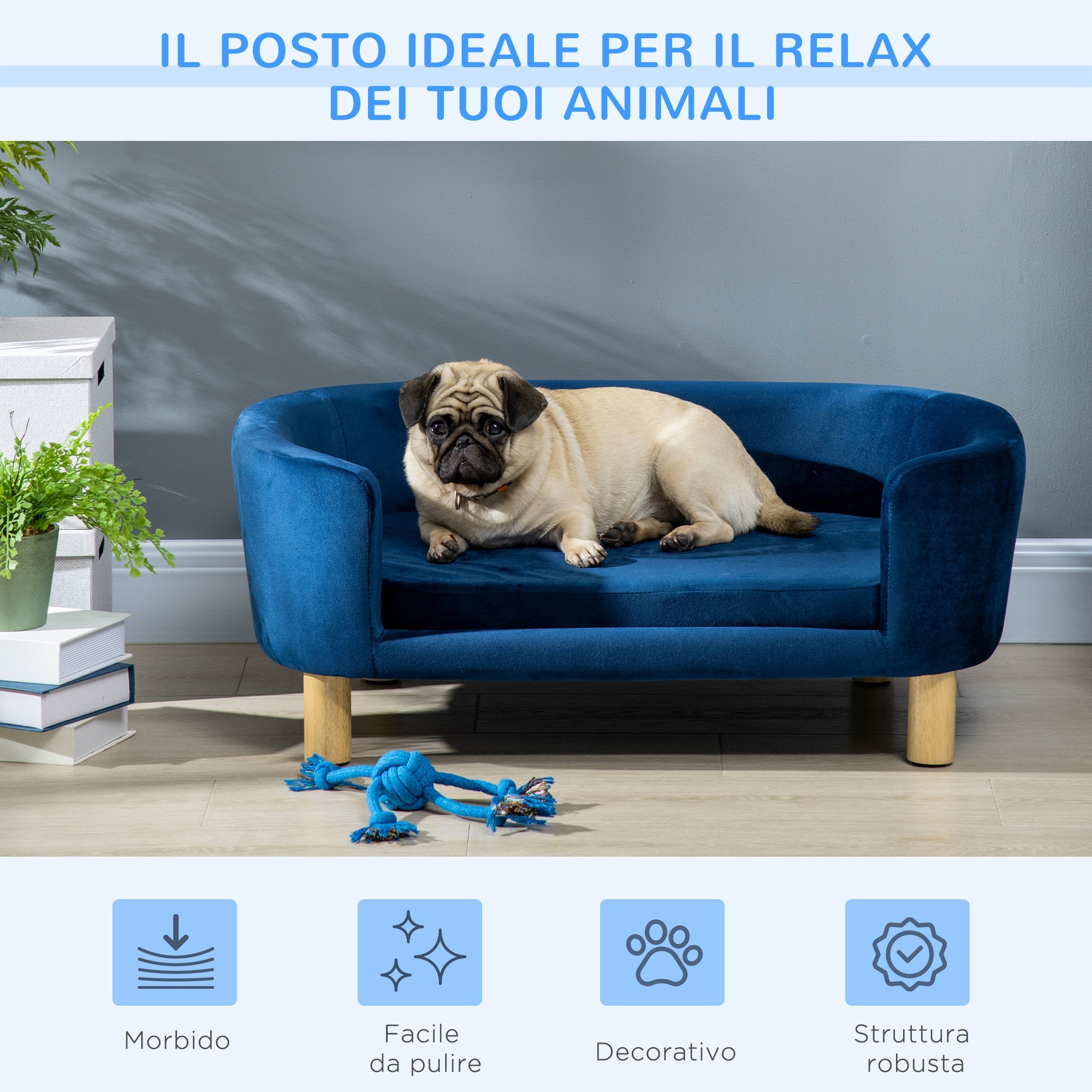 EASYCOMFORT Indoor Dog Kennel, Sofa for Cats or Small and Medium Size Dogs Max. 22.5kg, in Blue Velvet