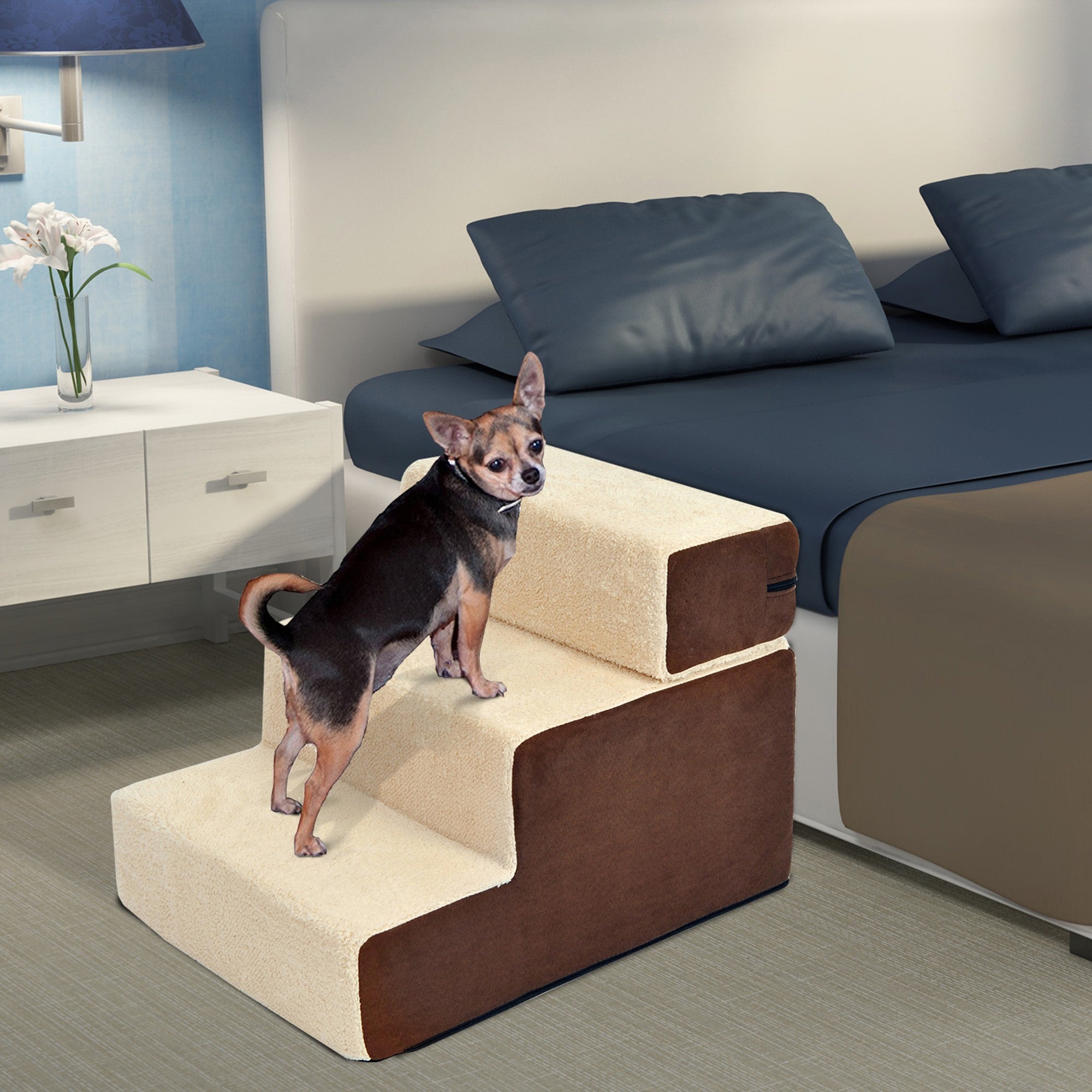 EASYCOMFORT Staircase for Dogs and Puppies with 3 Removable and Non-Slip Steps, Beige and Brown, 54x40x39cm