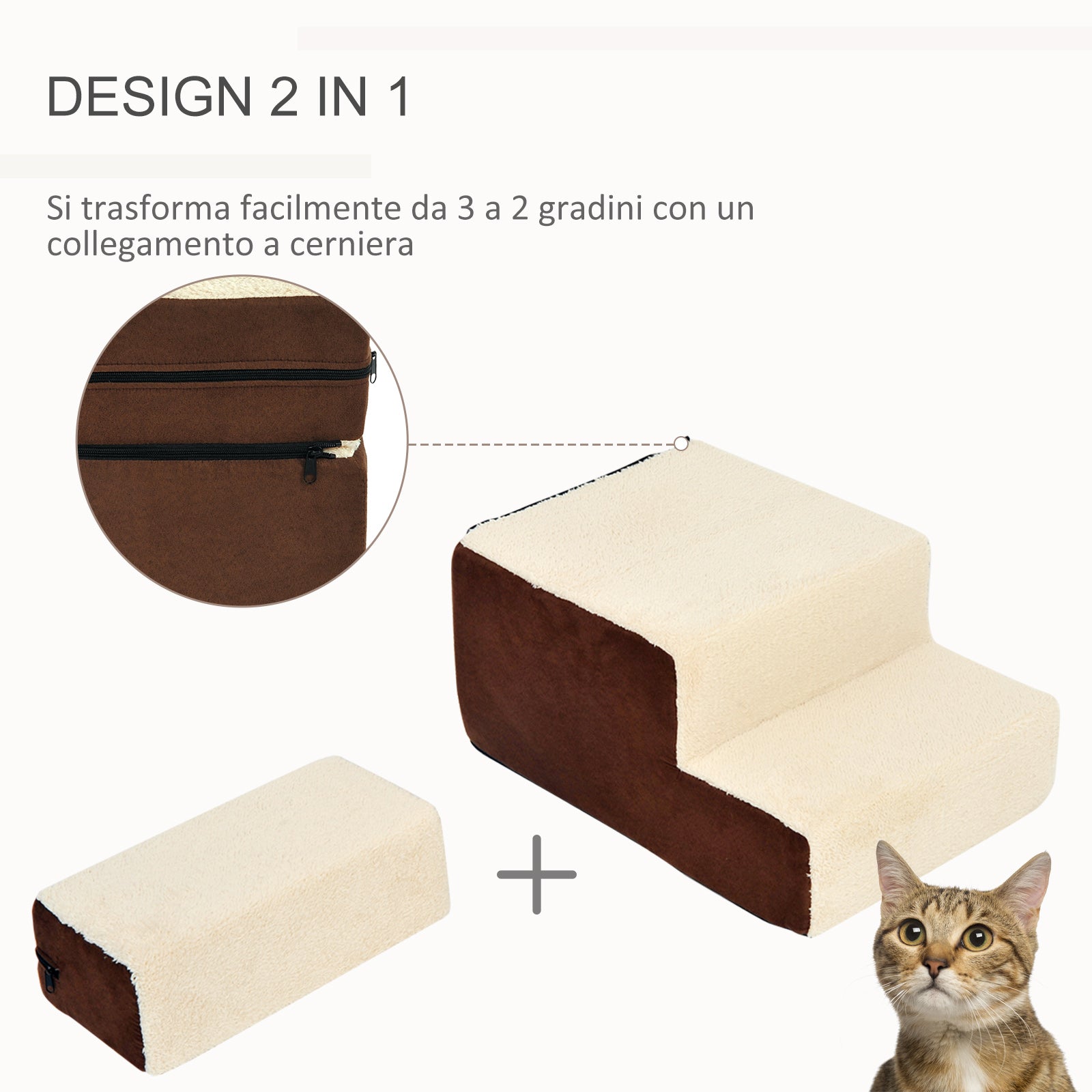 EASYCOMFORT Staircase for Dogs and Puppies with 3 Removable and Non-Slip Steps, Beige and Brown, 54x40x39cm
