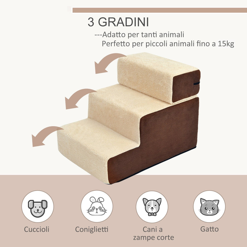 EASYCOMFORT Staircase for Dogs and Puppies with 3 Removable and Non-Slip Steps, Beige and Brown, 54x40x39cm