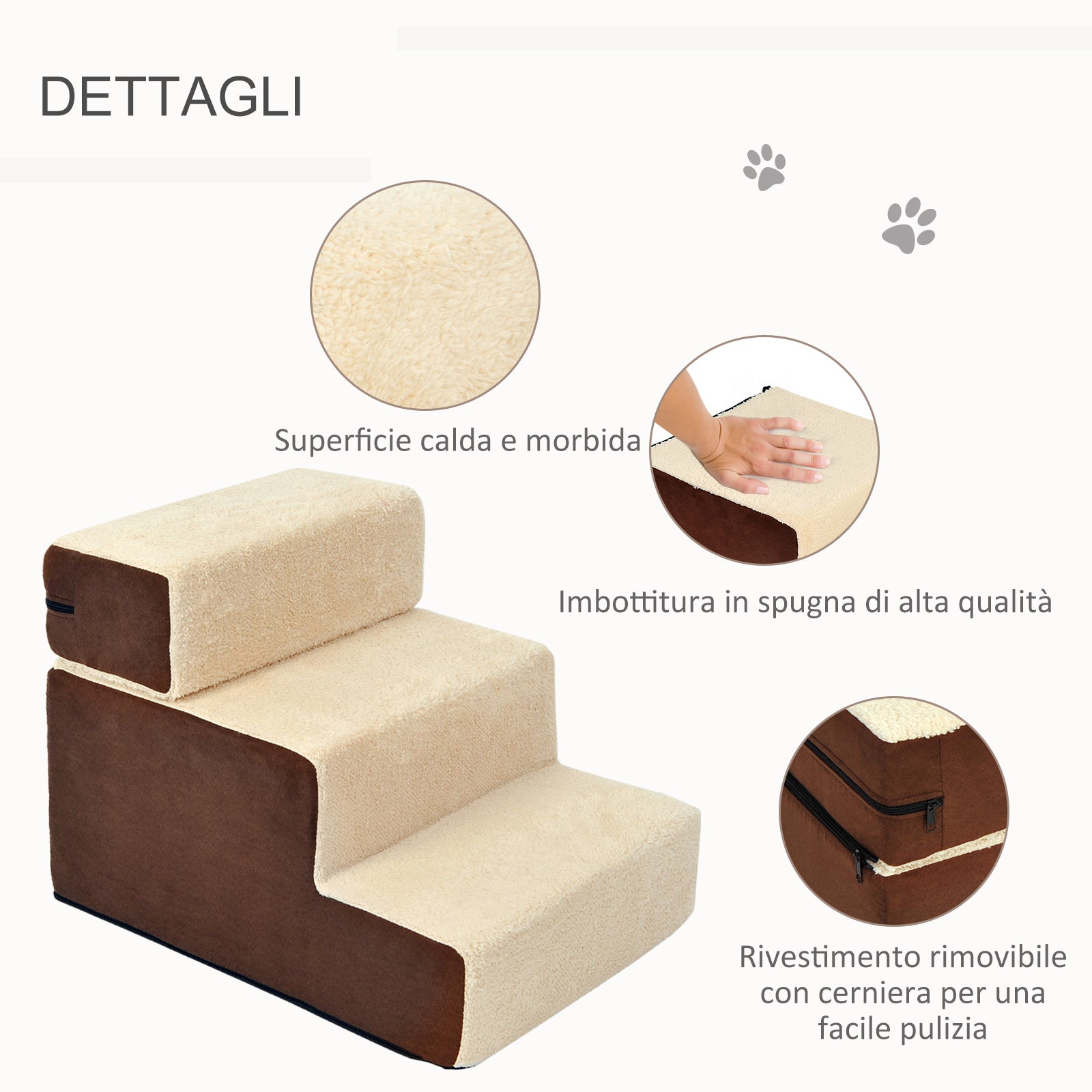 EASYCOMFORT Staircase for Dogs and Puppies with 3 Removable and Non-Slip Steps, Beige and Brown, 54x40x39cm