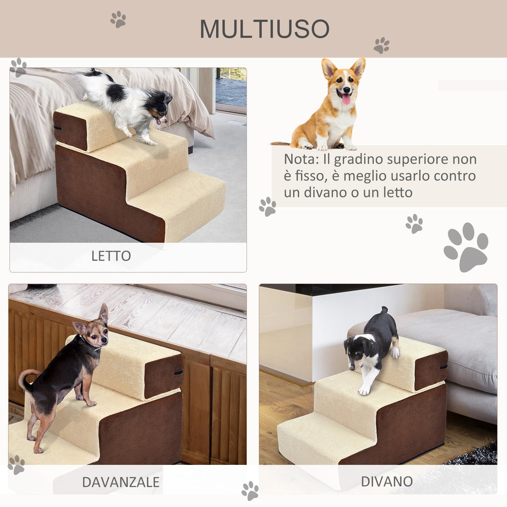 EASYCOMFORT Staircase for Dogs and Puppies with 3 Removable and Non-Slip Steps, Beige and Brown, 54x40x39cm