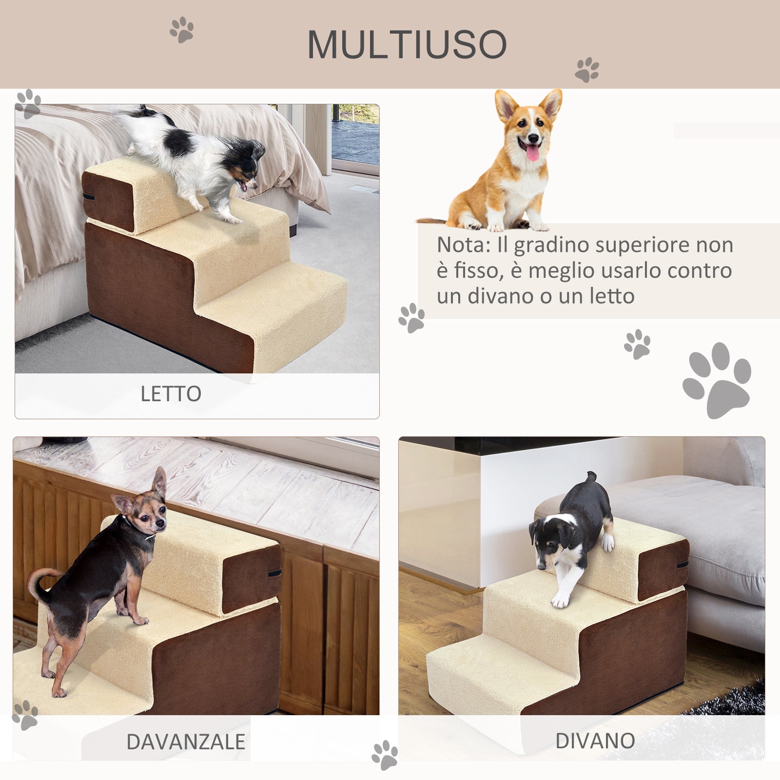 EASYCOMFORT Staircase for Dogs and Puppies with 3 Removable and Non-Slip Steps, Beige and Brown, 54x40x39cm
