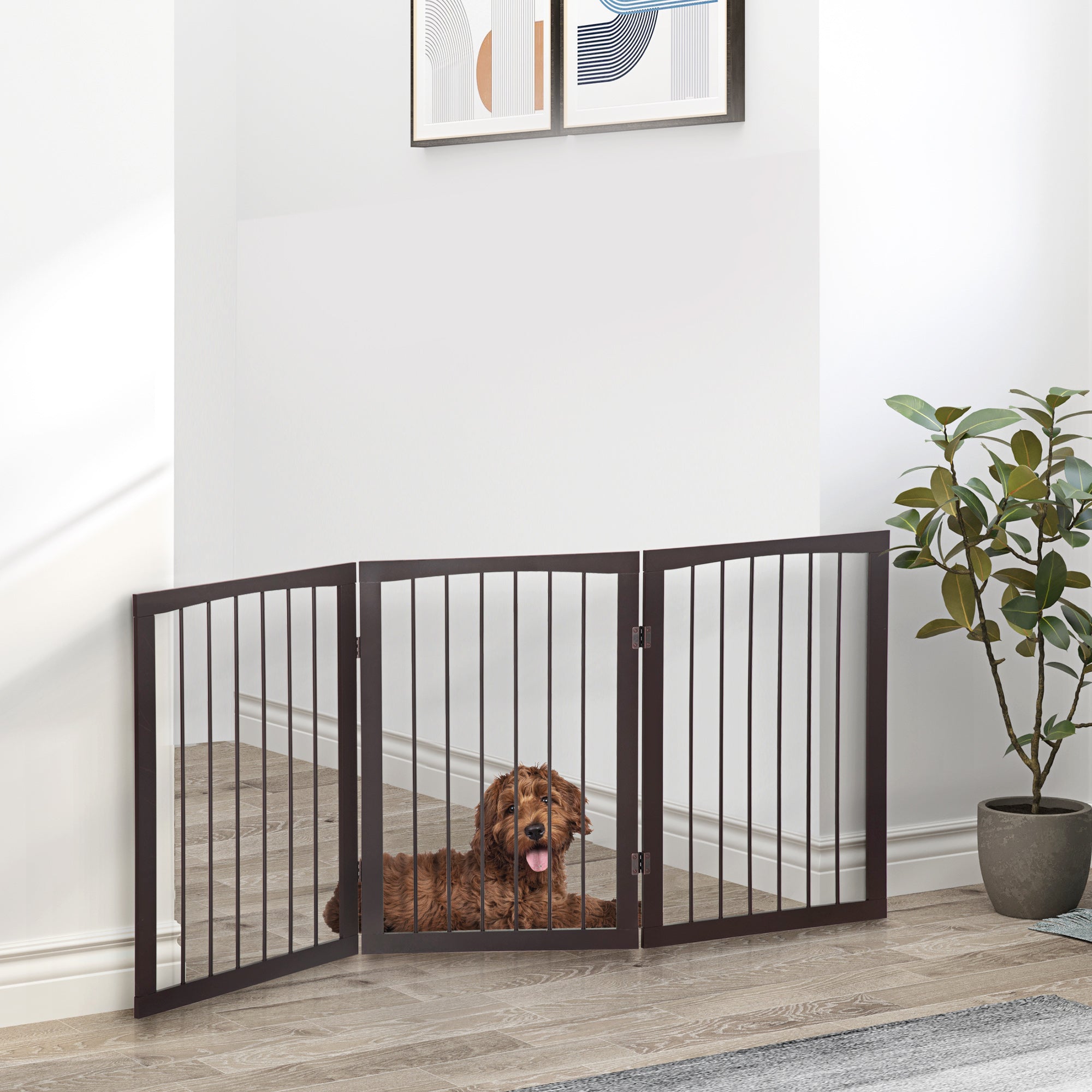 EASYCOMFORT Portable 3-Section Pet Gate for Dogs and Pets Folding Safety Divider, 160x1.2x76 cm, Brown