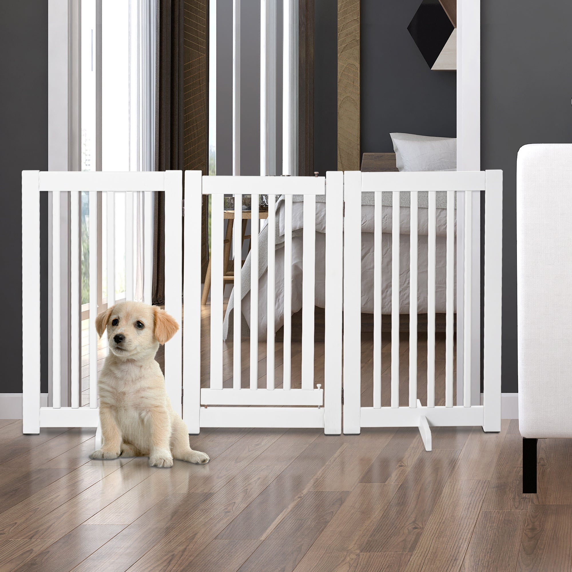 EASYCOMFORT 3-Panel Folding Dog Gate, Central Door with Lock, MDF Structure, 155x76cm White
