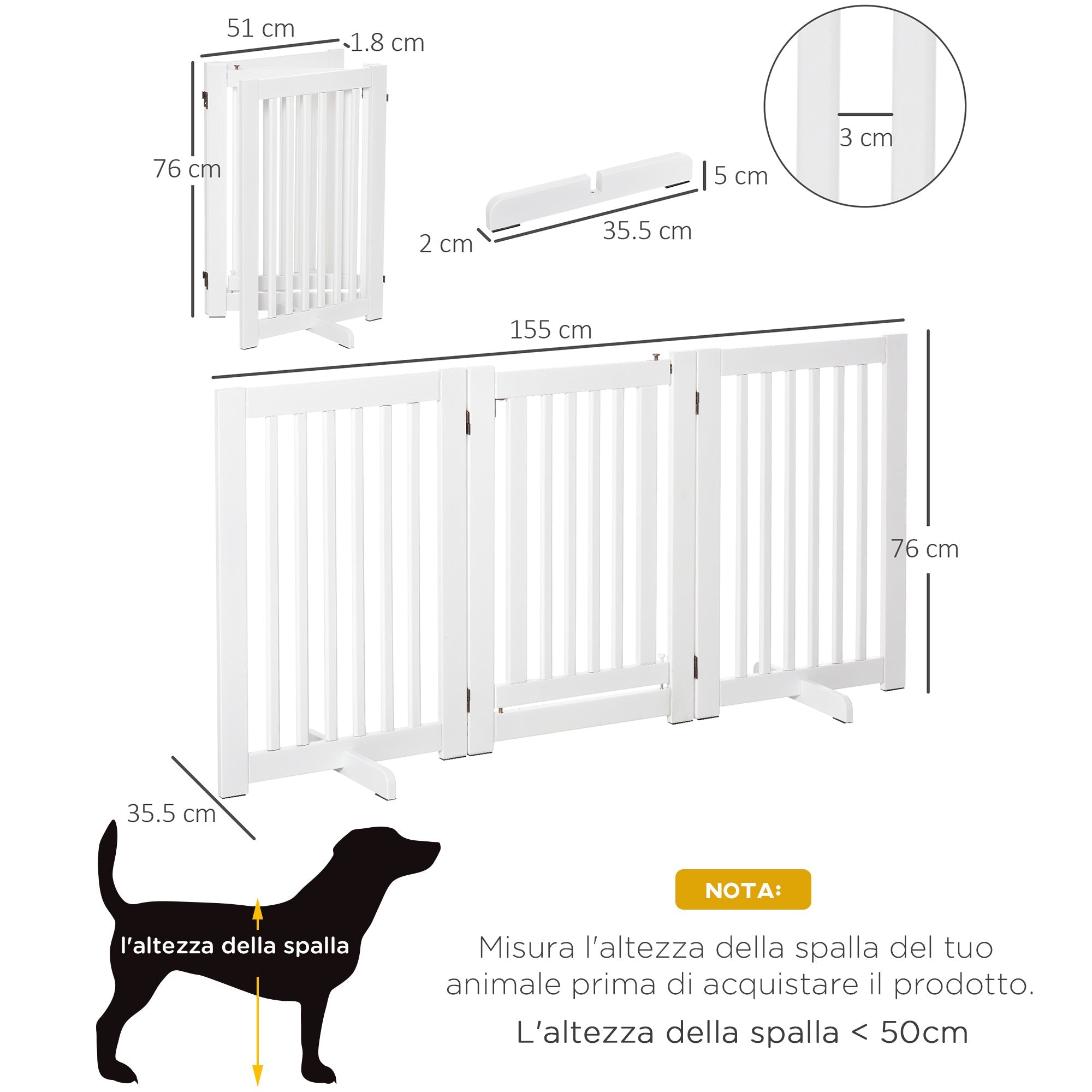 EASYCOMFORT 3-Panel Folding Dog Gate, Central Door with Lock, MDF Structure, 155x76cm White