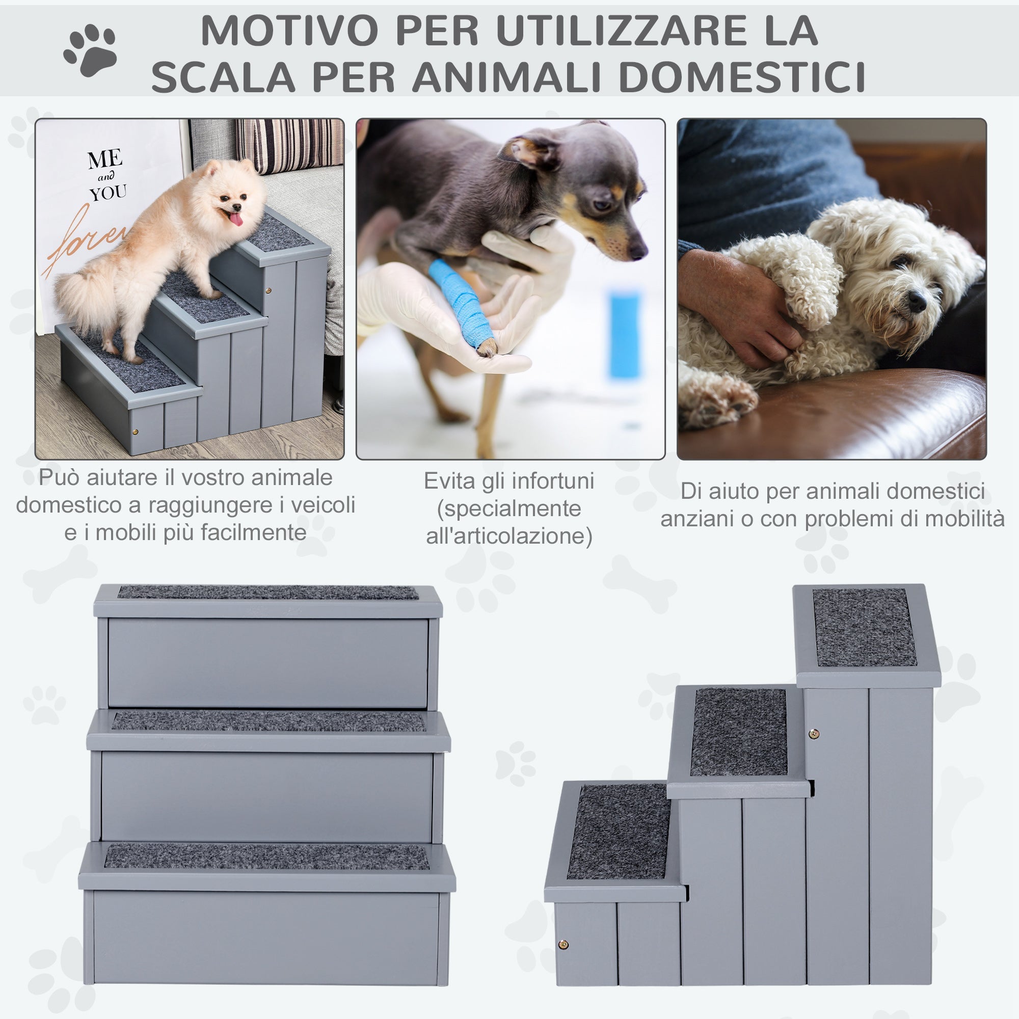 EASYCOMFORT 3-step dog ladder with non-slip mat and internal space, 40.5x44.5x38cm, gray