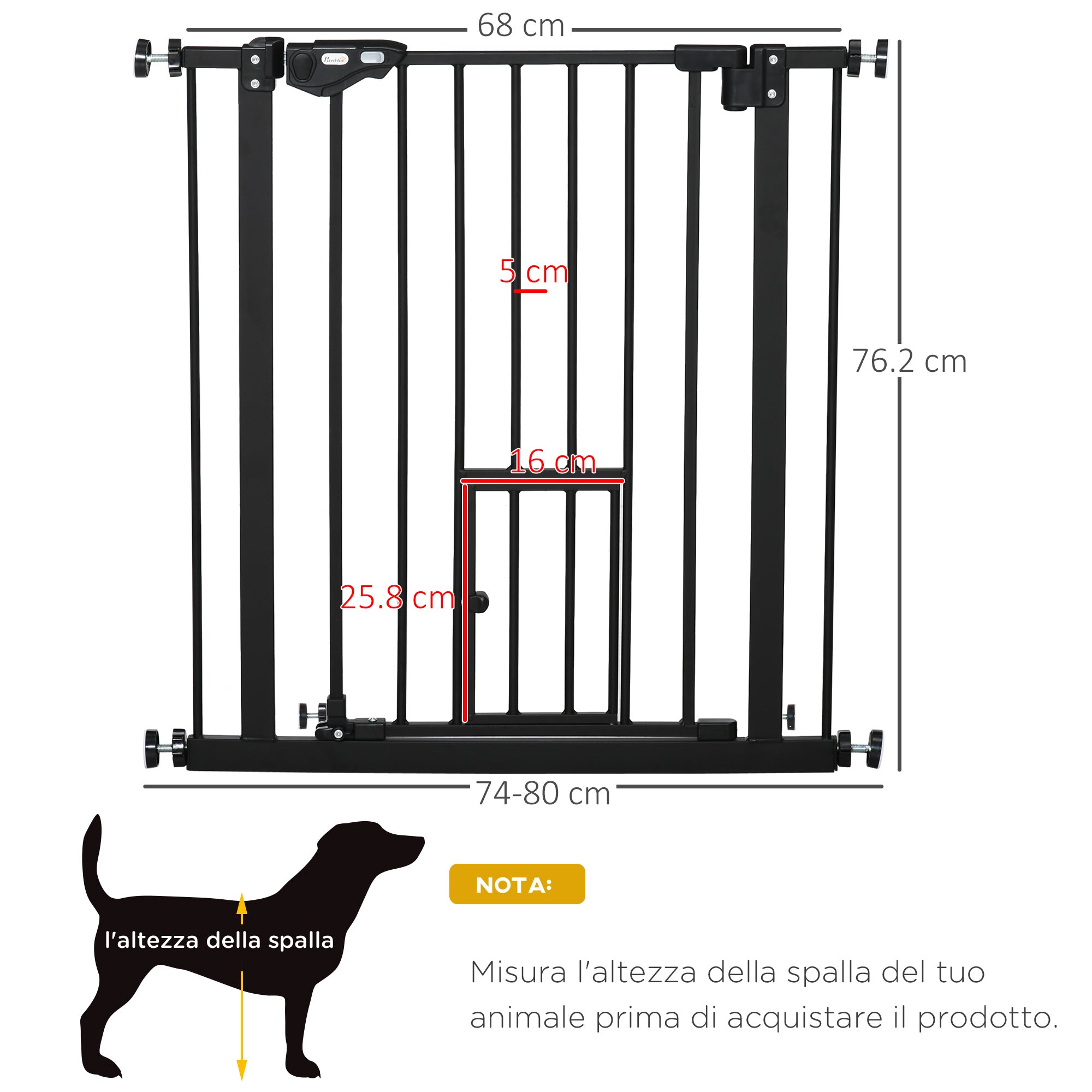 EASYCOMFORT Dog Gate with Pressure Fixing, Extendable from 74-80cm with Automatic Closing, Black
