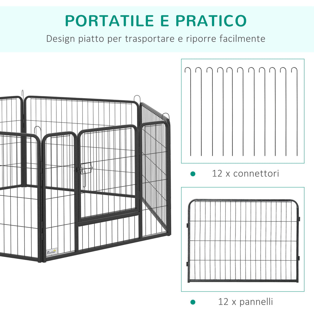 EASYCOMFORT Fence for Dogs and Pets with 12 Modular Steel Panels and 2 Entrances, 80x1.5x60cm, Black