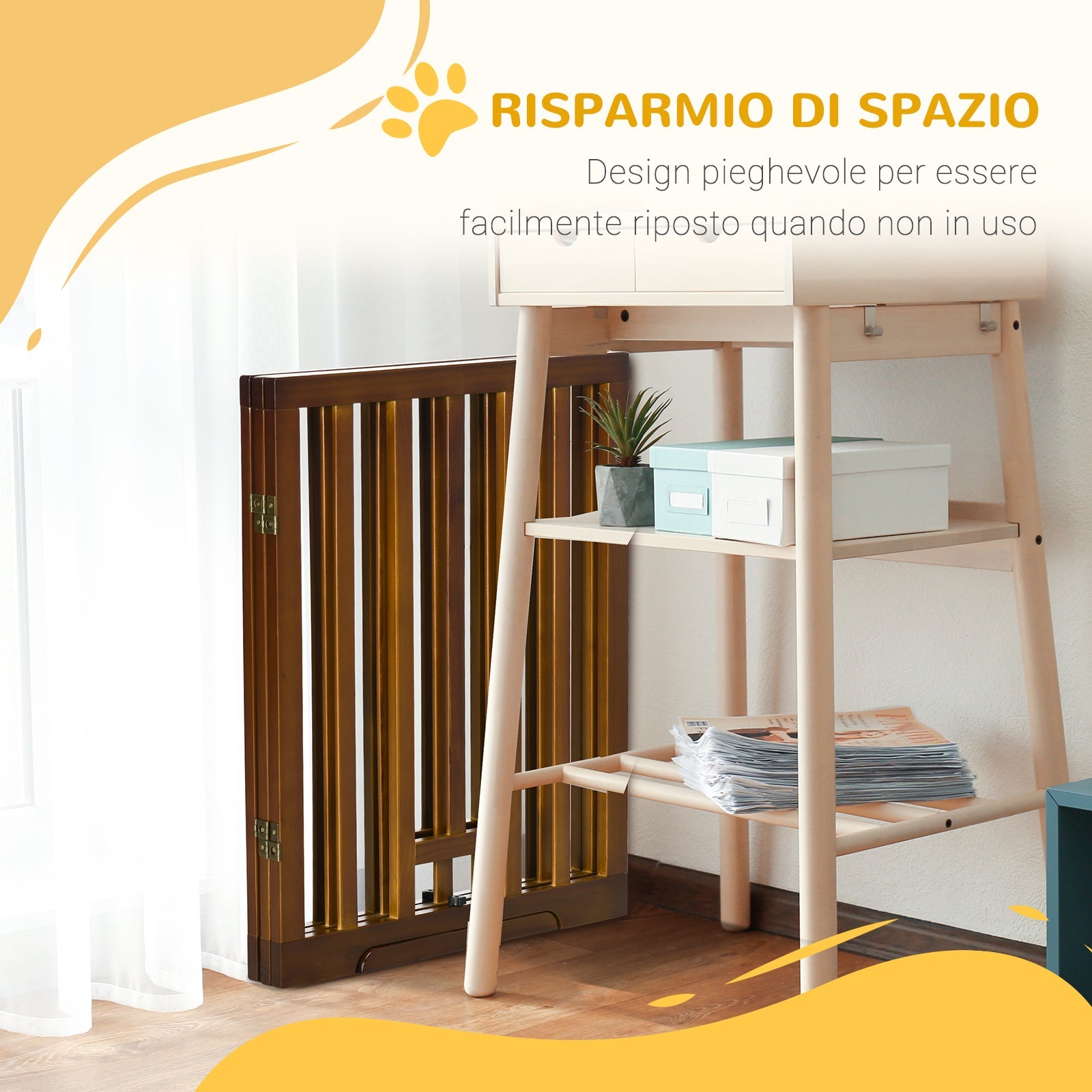 EASYCOMFORT 3-Panel Folding Dog Gate with Non-Slip Feet for Hallways, Stairs and Rooms, in Pine Wood, 181x35x76 cm, Dark Brown