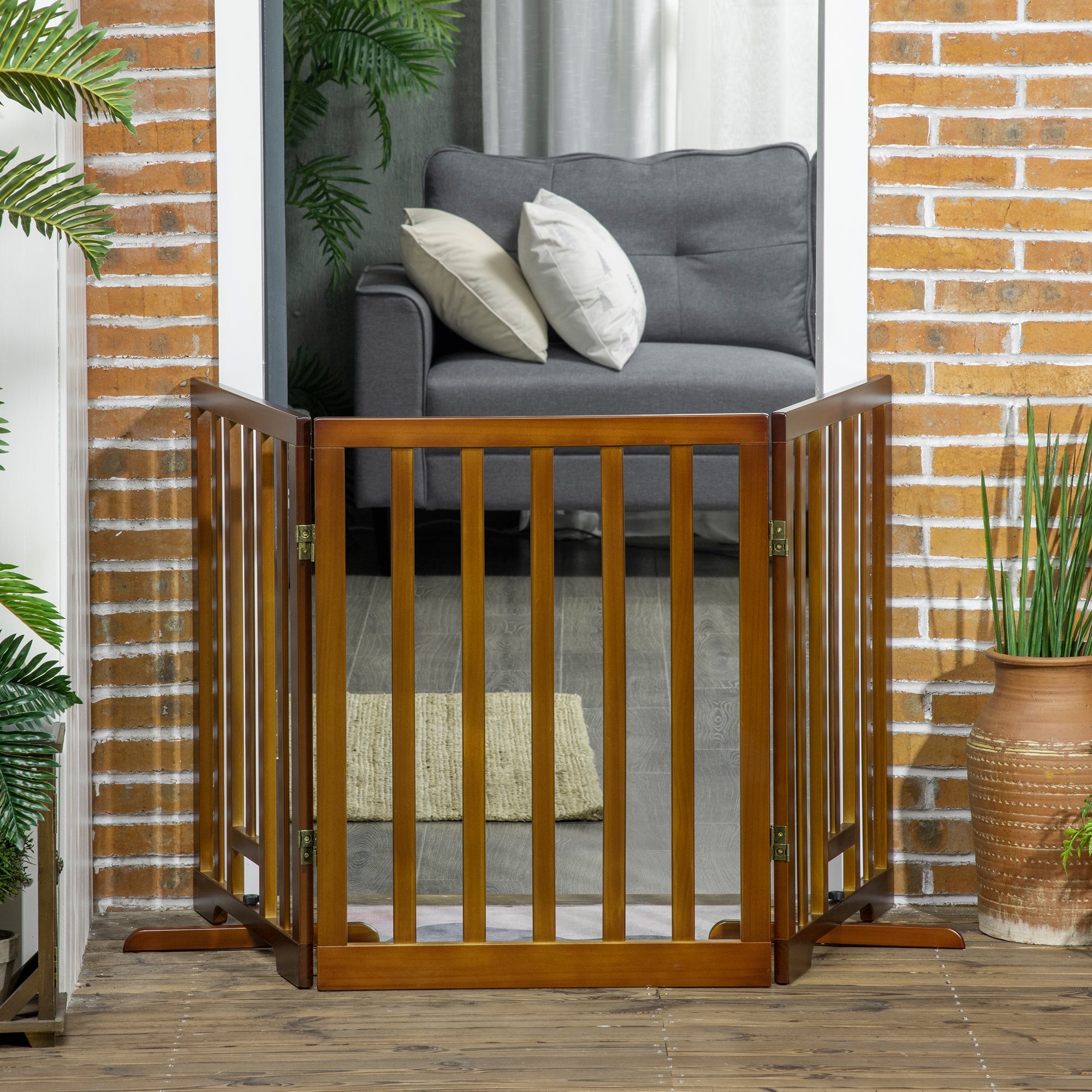 EASYCOMFORT 3-Panel Folding Dog Gate with Non-Slip Feet for Hallways, Stairs and Rooms, in Pine Wood, 181x35x76 cm, Dark Brown