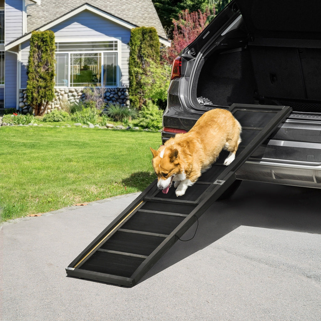 EASYCOMFORT Foldable Anti-Slip Wooden Dog Ramp with Side Handle, 43x165x6.5 cm, Black