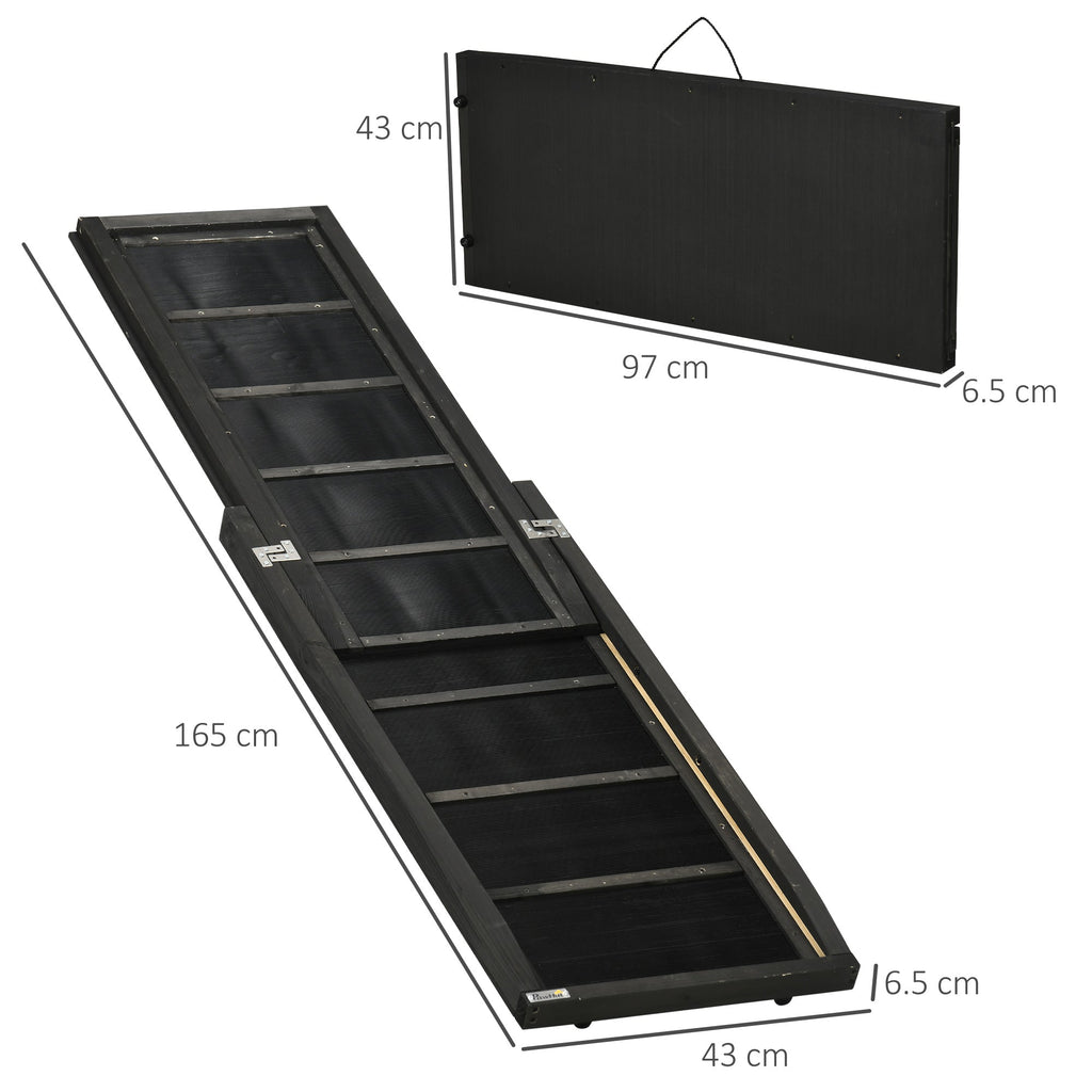 EASYCOMFORT Foldable Anti-Slip Wooden Dog Ramp with Side Handle, 43x165x6.5 cm, Black