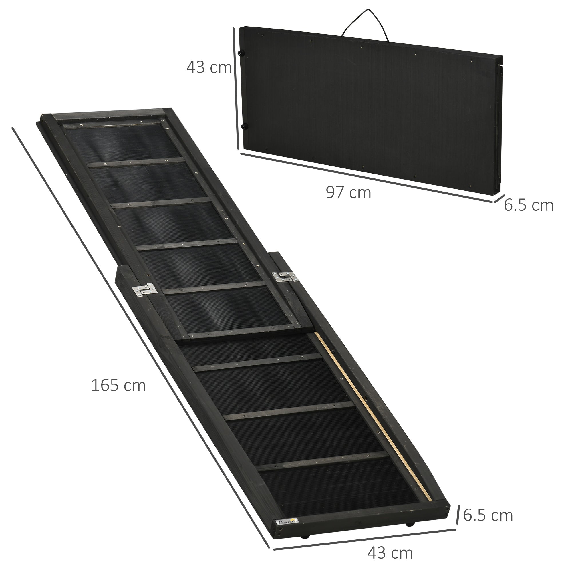 EASYCOMFORT Foldable Anti-Slip Wooden Dog Ramp with Side Handle, 43x165x6.5 cm, Black