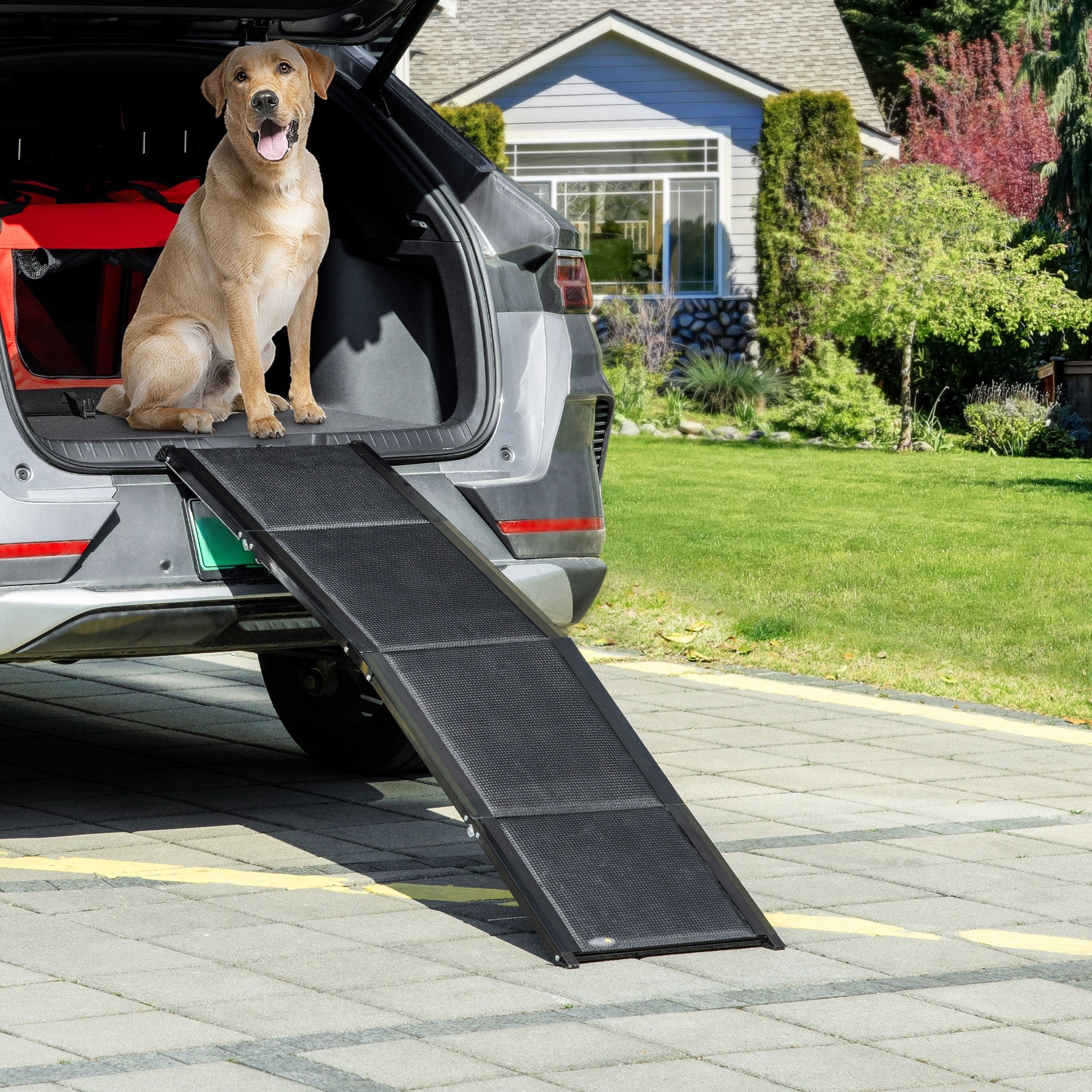 EASYCOMFORT Foldable Dog Ramp with Non-Slip Surface in MDF and Aluminium, 158x43.5x2.5 cm, Black
