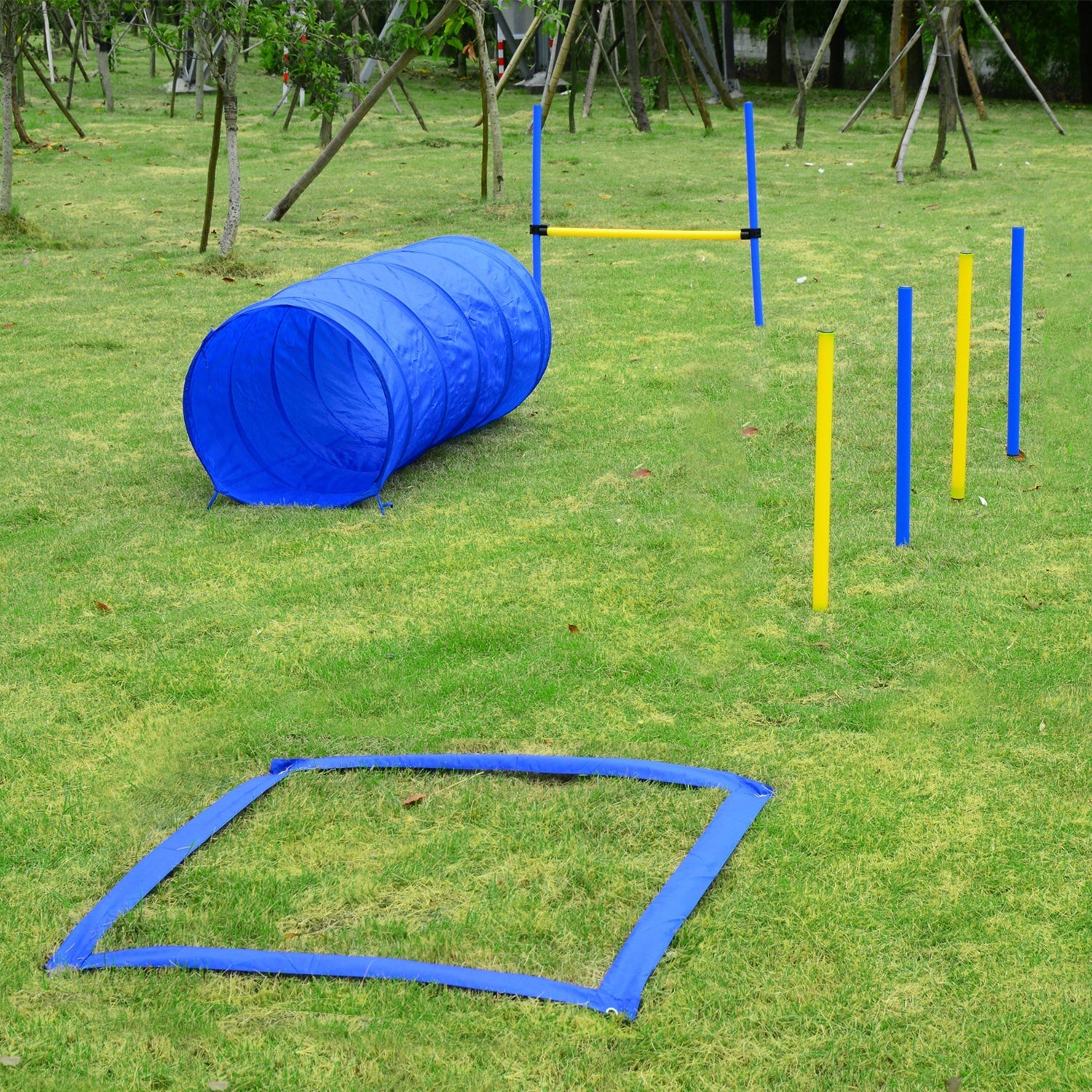 EASYCOMFORT Agility Dog Set for Dog Training with Tunnel, Slalom and Obstacle, Transport Bag, Yellow and Blue