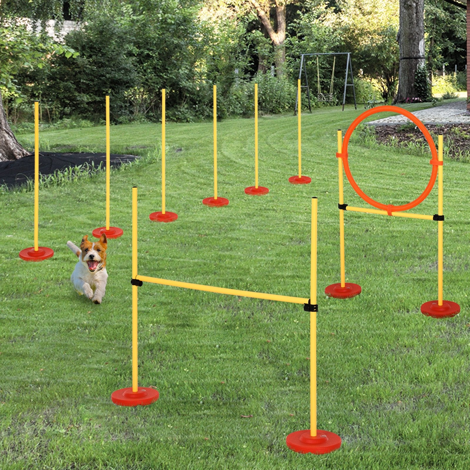 EASYCOMFORT Dog Agility Set 3 Exercises: Slalom, Obstacles, Ring, for Dog Training, Portable, 2.5 kg, Yellow and Red