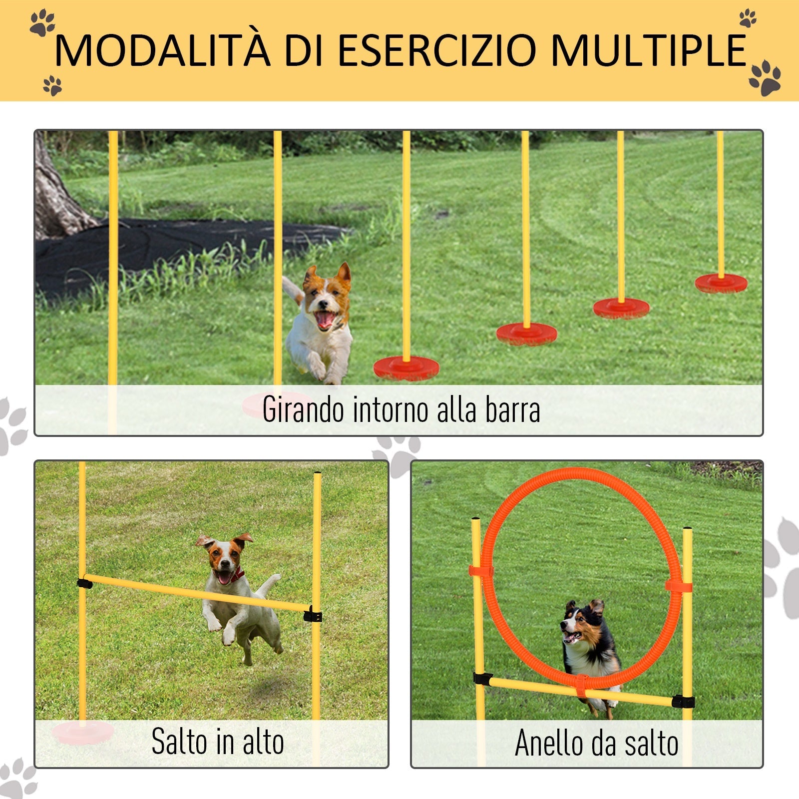 EASYCOMFORT Dog Agility Set 3 Exercises: Slalom, Obstacles, Ring, for Dog Training, Portable, 2.5 kg, Yellow and Red