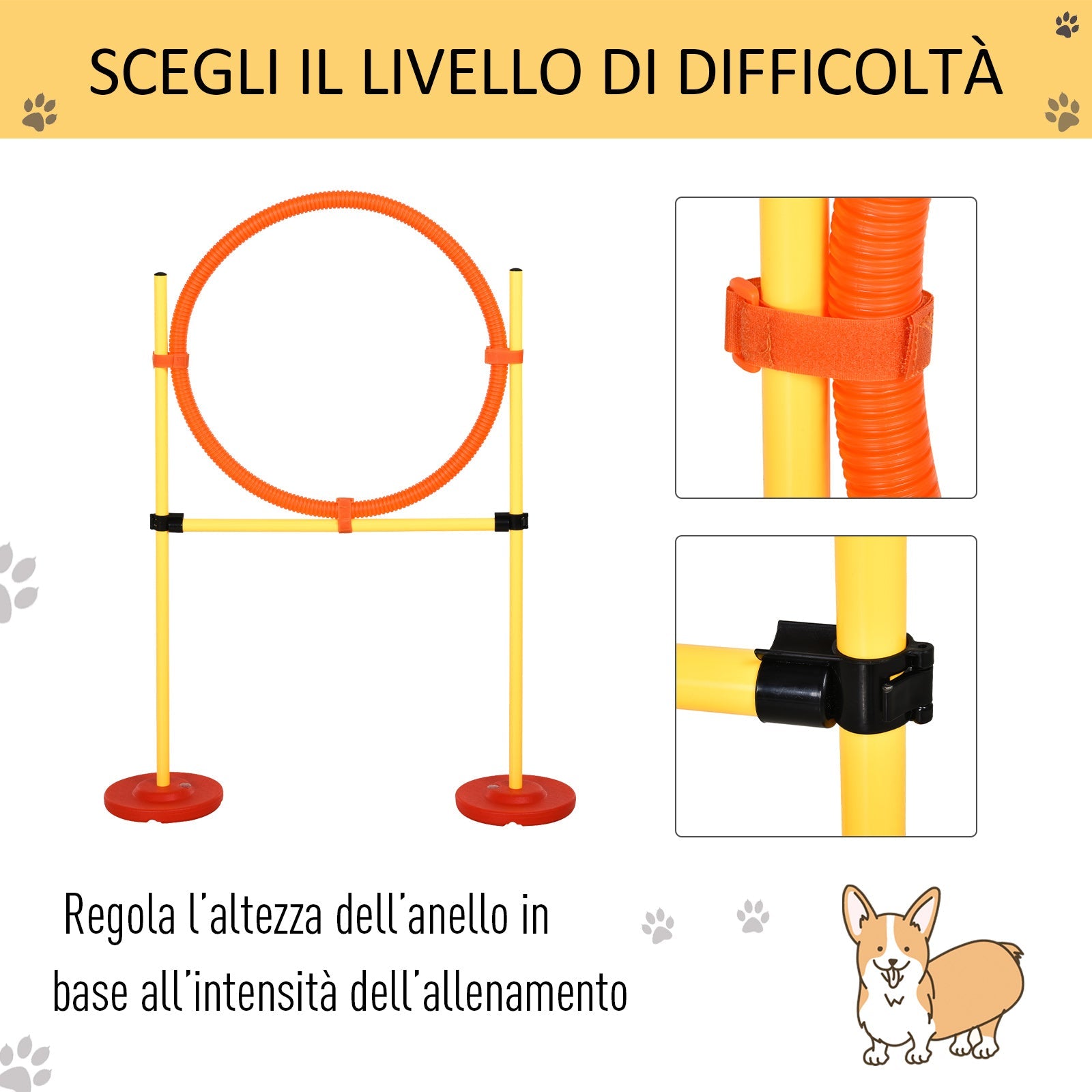 EASYCOMFORT Dog Agility Set 3 Exercises: Slalom, Obstacles, Ring, for Dog Training, Portable, 2.5 kg, Yellow and Red