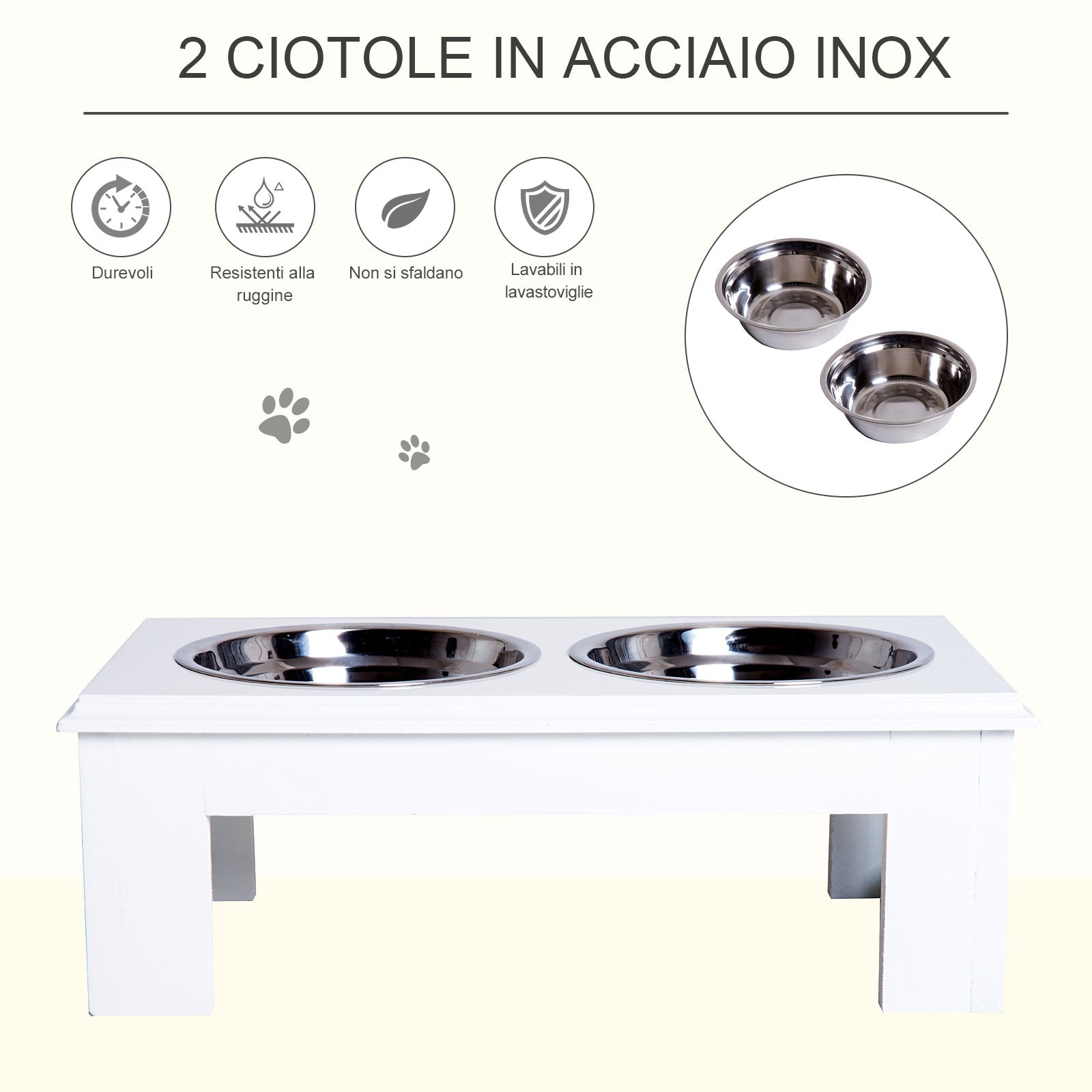 EASYCOMFORT Raised Dog Bowl in Stainless Steel, MDF Wooden Base, with 2 Plates, 44x24x15cm