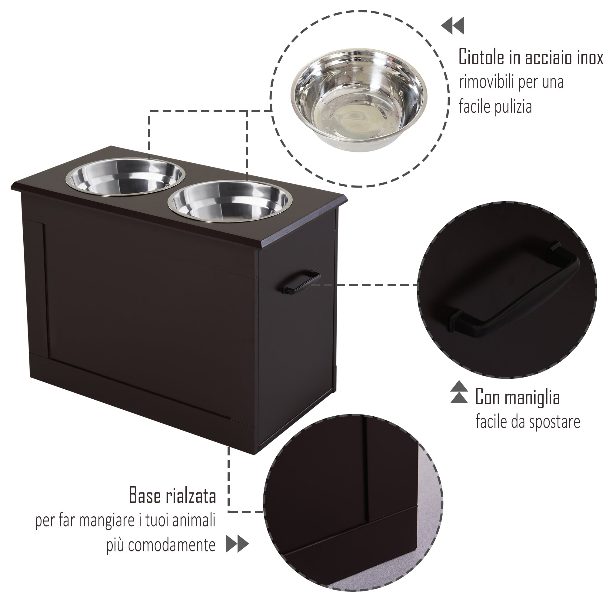 EASYCOMFORT Raised bowl holder for medium-large dogs with 2 bowls of Φ24cm in stainless steel, 60x30x41cm