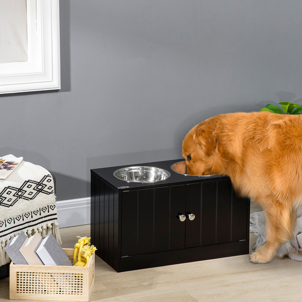 EASYCOMFORT Raised Dog Bowl with Container Compartment, 2 Removable Stainless Steel Bowls, 60x30x35.5cm, Black