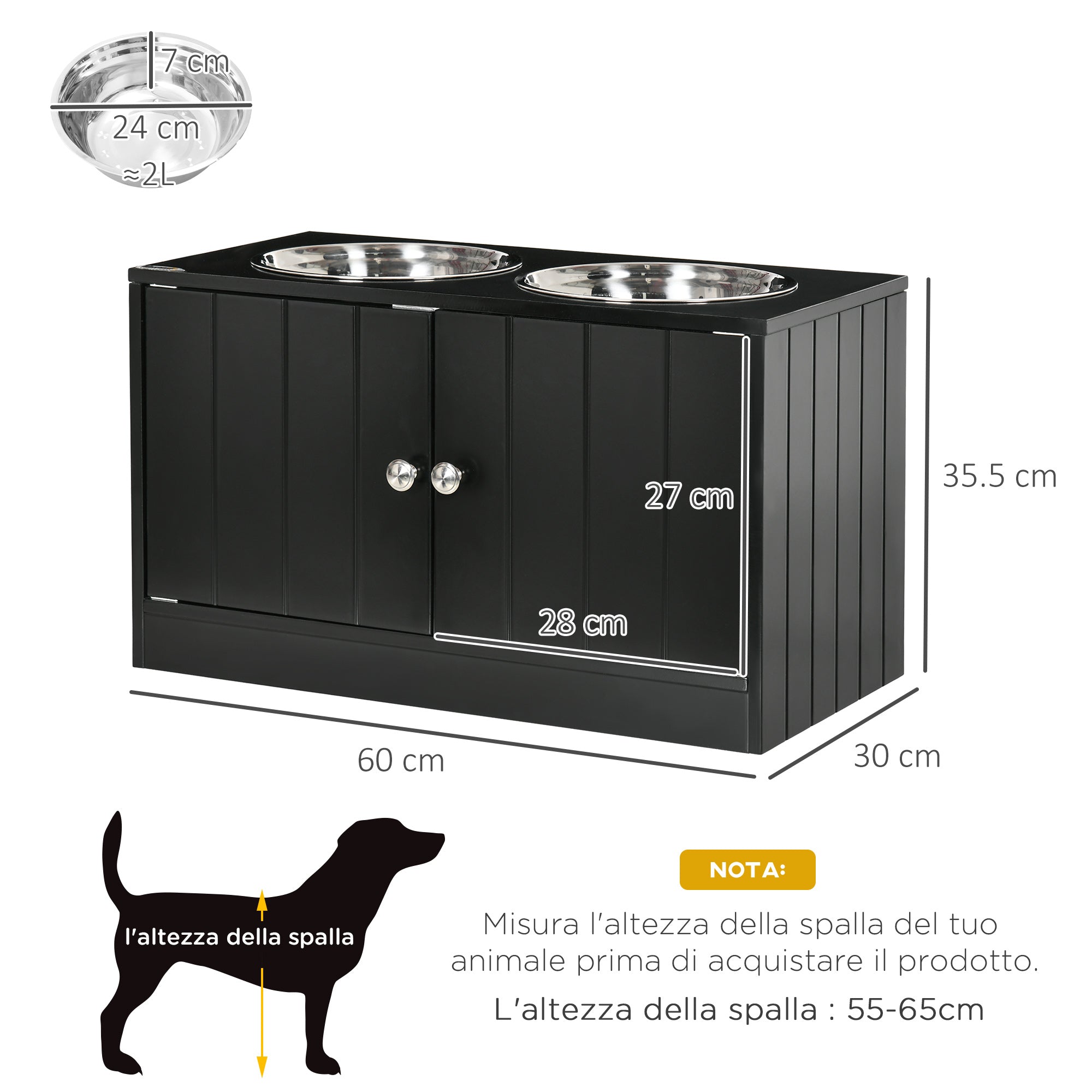 EASYCOMFORT Raised Dog Bowl with Container Compartment, 2 Removable Stainless Steel Bowls, 60x30x35.5cm, Black